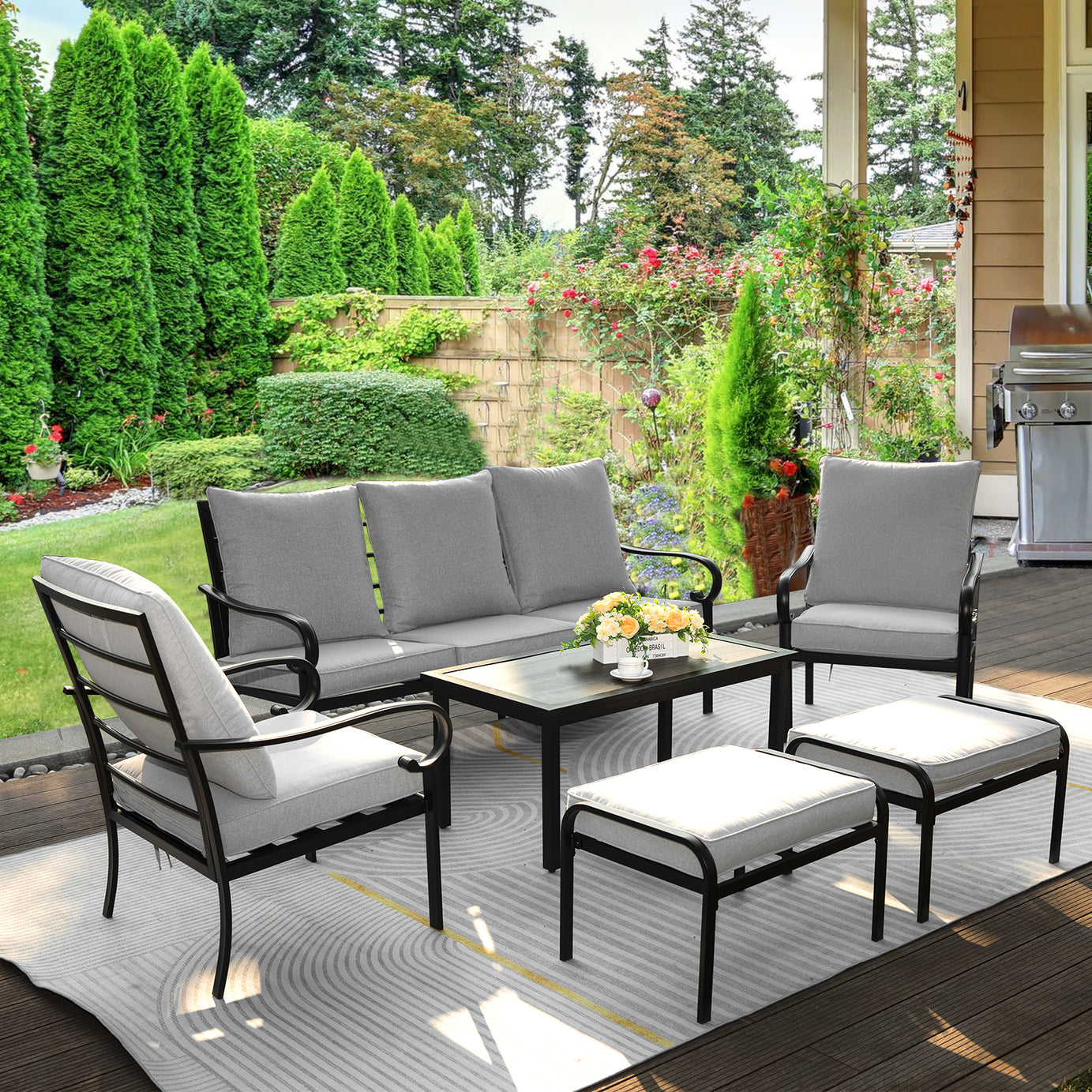 Patio Conversation 6 Pieces Sofa Set, Outdoor 3-Seater Couch with Coffee Table, Patio Chairs with Ottomans, Metal Furniture for Porch Balcony Backyard--1