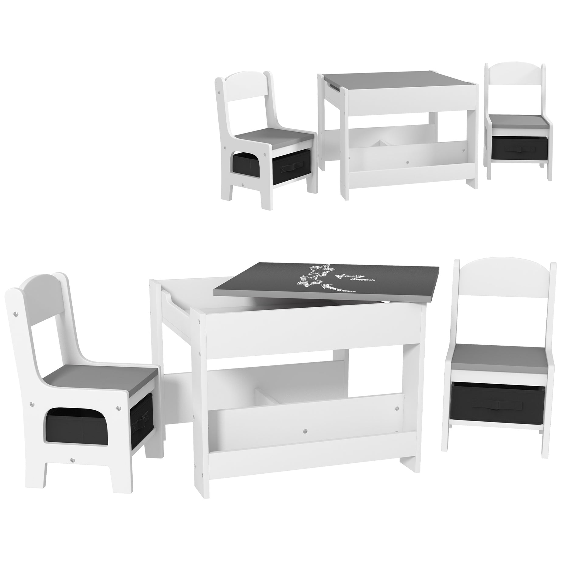 Qaba 3 Piece Kids Table and Chair Set, 2 in 1 Toddler Table and Chair Set with Reversible Tabletop Blackboard, Storage & Bookshelves for Playroom, Nursery, Gray--1