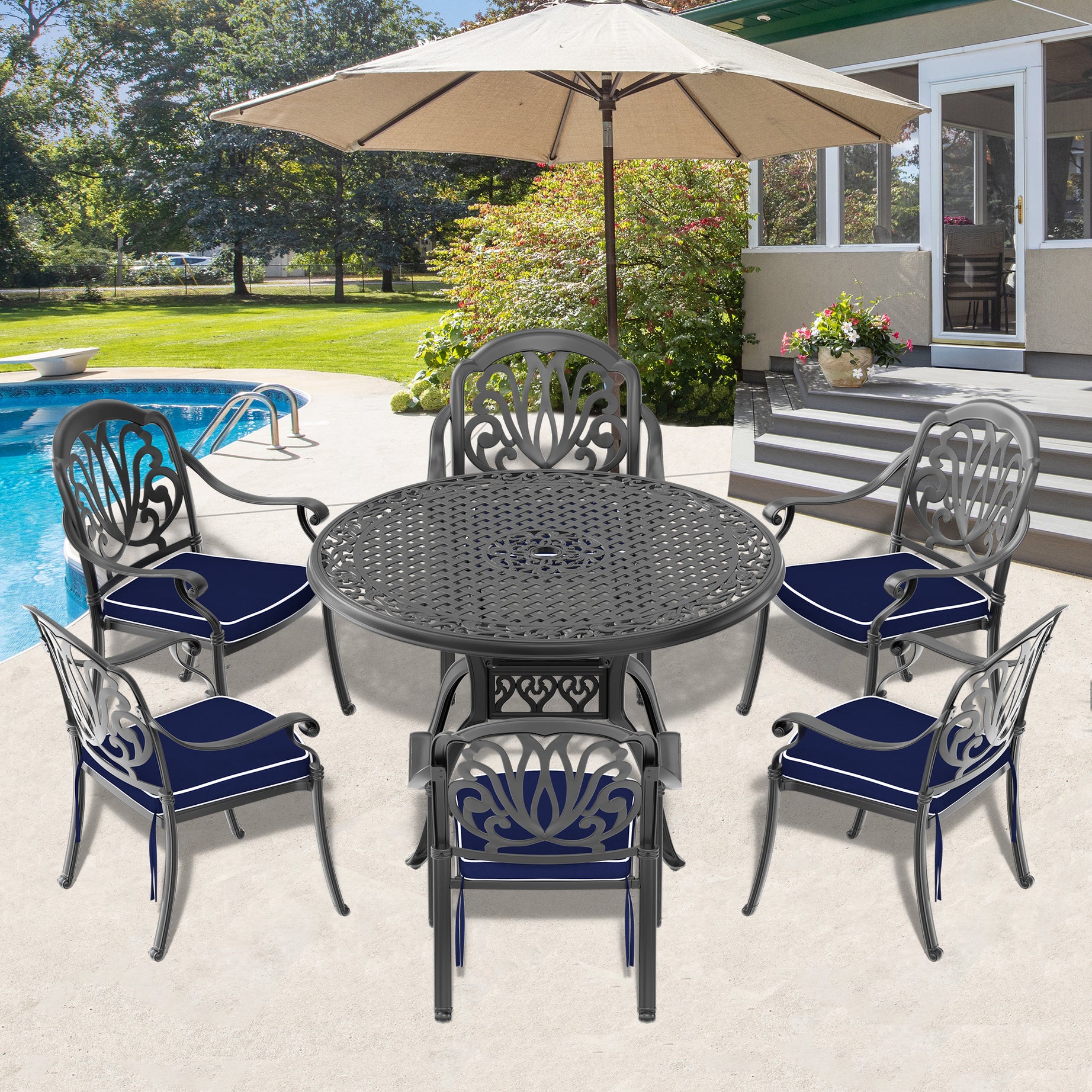 (Cushions In  Random Colors)7-Piece Set Of Cast Aluminum Patio Furniture With  Cushions--1