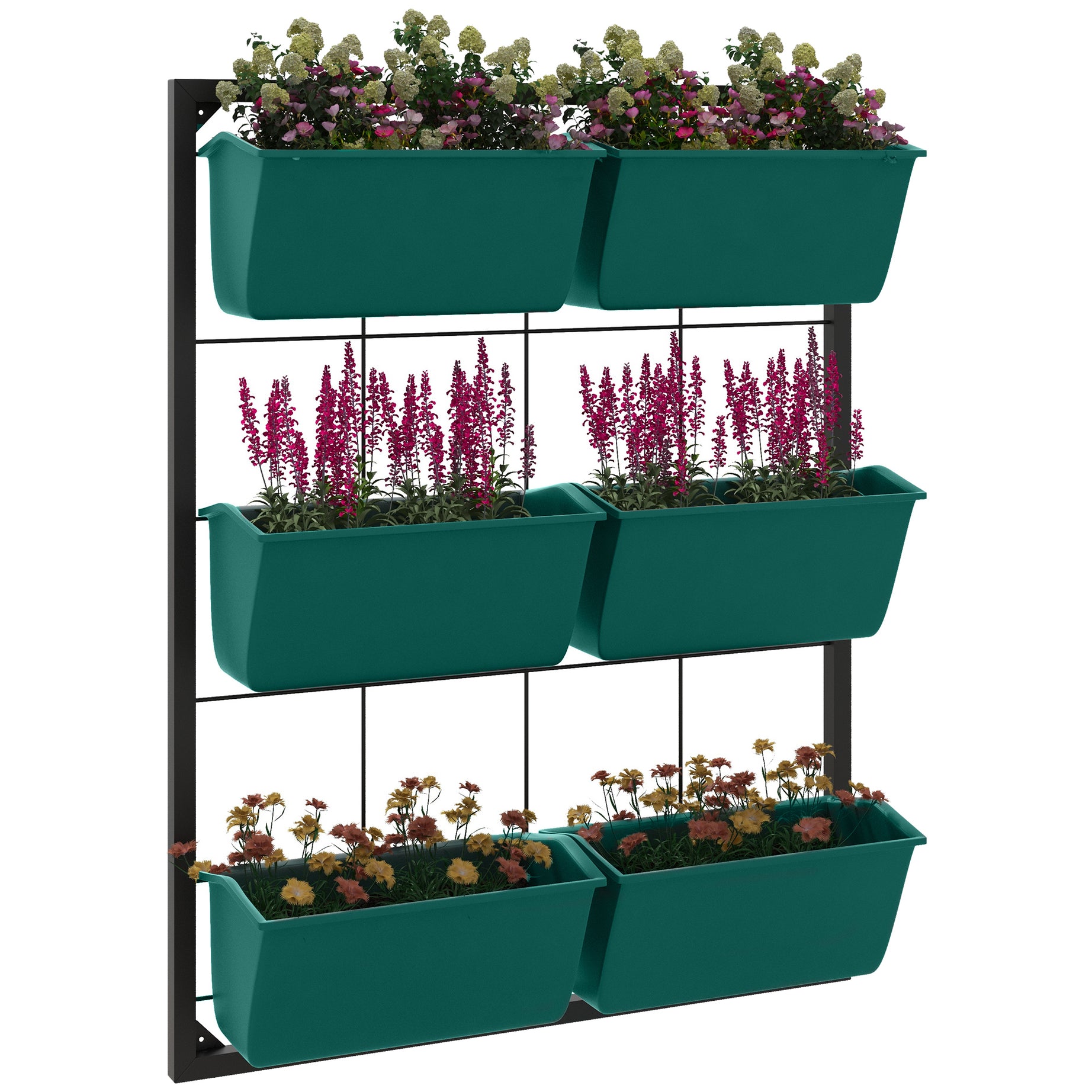 Outsunny 3-Tier Wall Planter with 6 Pots for Indoor and Outdoor Use, Hanging Plant Holder, Self Draining Wall Mounted Planter for Vegetables, Flowers, Herbs, Green--1