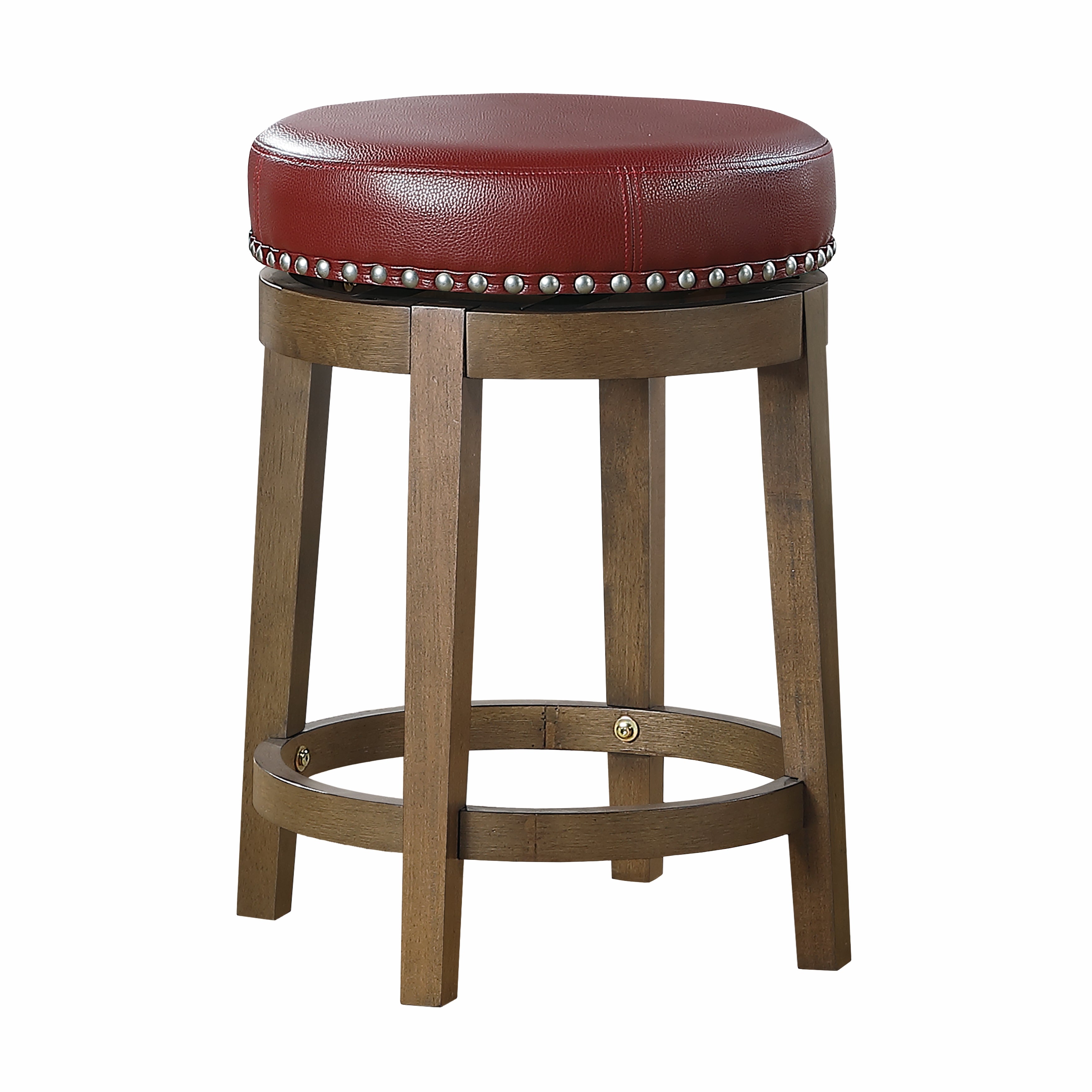 Round Swivel Counter Height Stools Set of 2, Red Faux Leather 360-degree Swivel Seat Nailhead Trim Solid Wood Frame Brown Finish Furniture--1