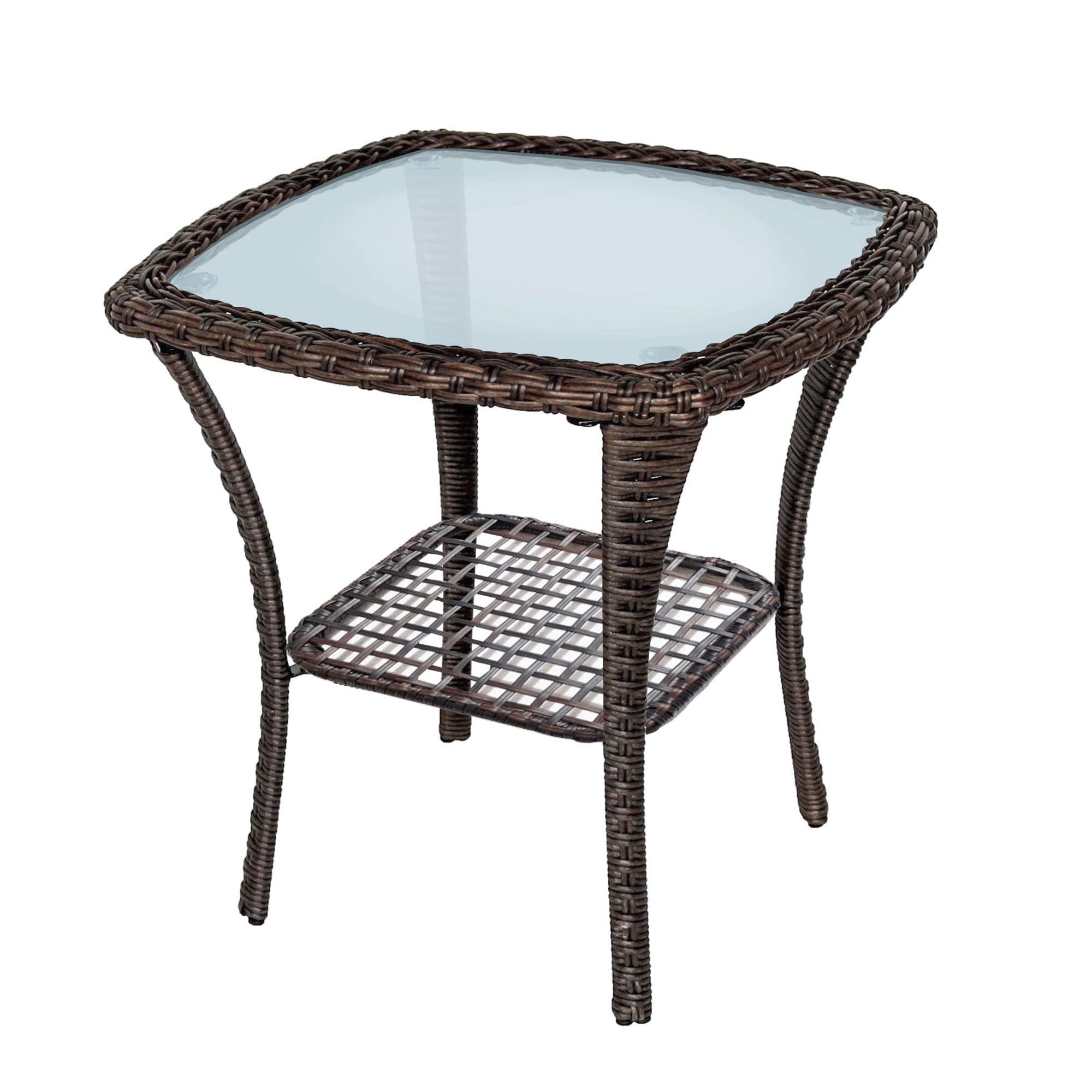 Outdoor Side Table, Indoor Outdoor Glass Top Wicker Coffee Bistro Table, All-Weather Patio Square Storage End Table, Steel Frame, 20''x 20''x20''--1