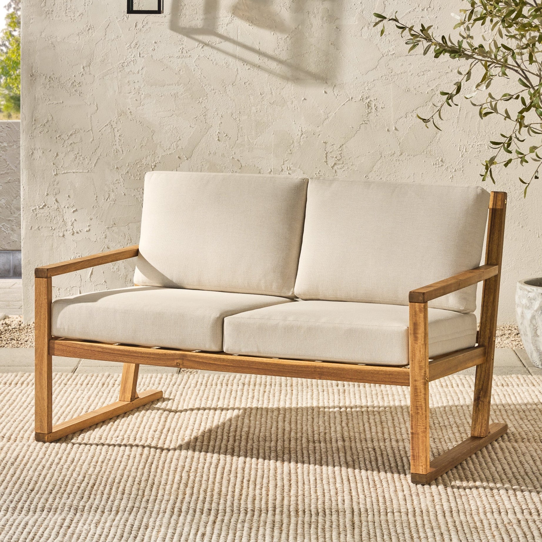 Contemporary Solid Wood Slat-Back Patio Loveseat – Natural--1