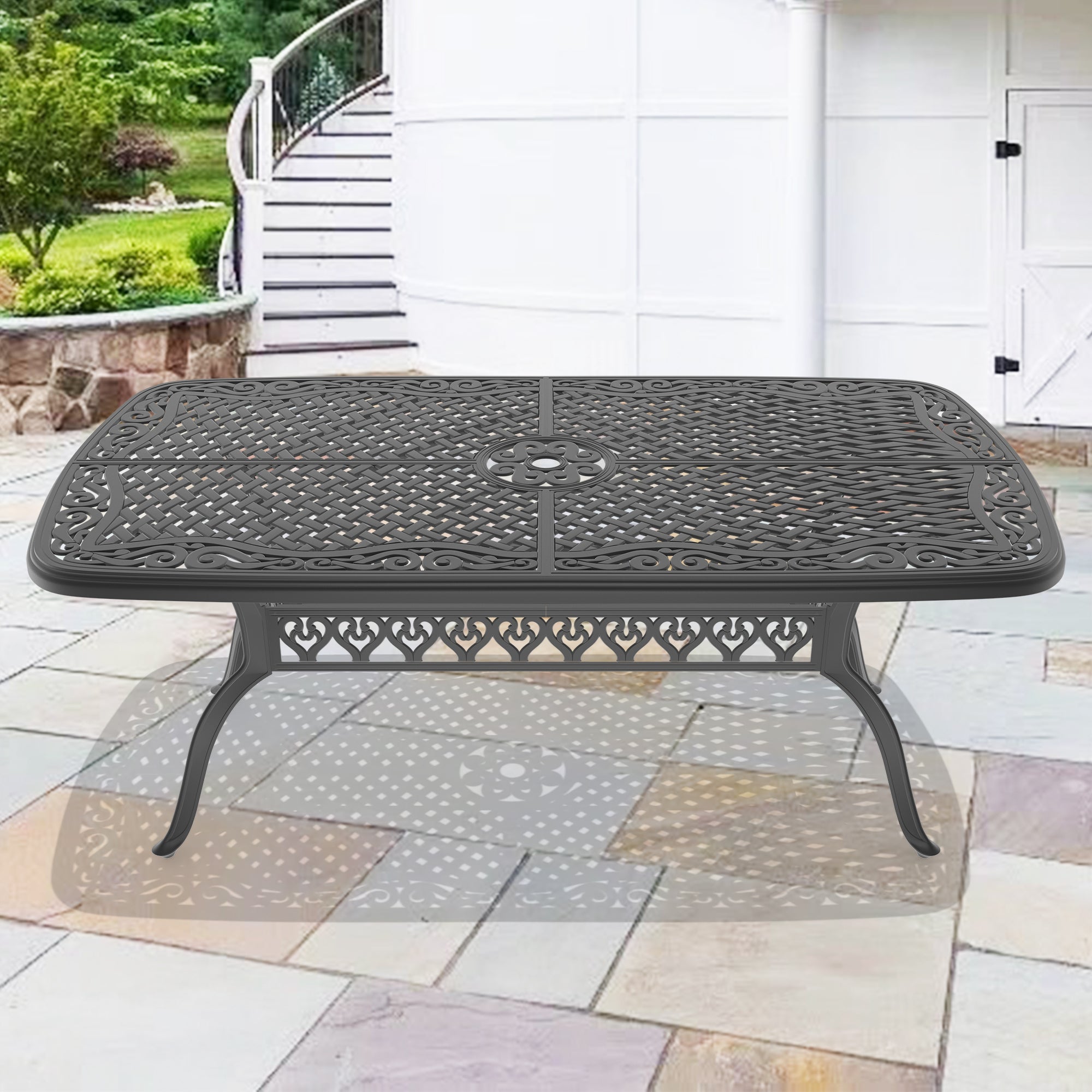 L72.44*W38.58-inch  Cast Aluminum Patio Dining Table with Black Frame and Umbrella Hole--1