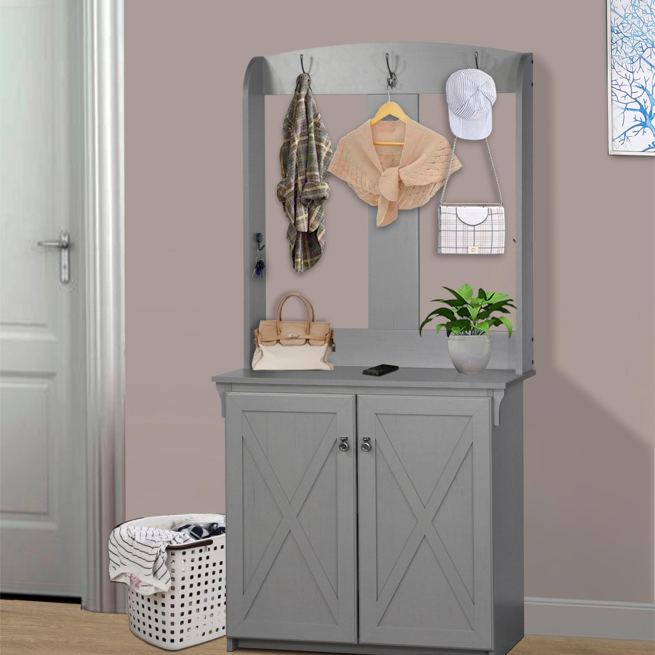 HALL TREE & CABINET "Sophisticated Cape Code Gray Hall Tree with Bench and Shoe Storage – Elegant Entryway Organizer with Adjustable Shelves"--1