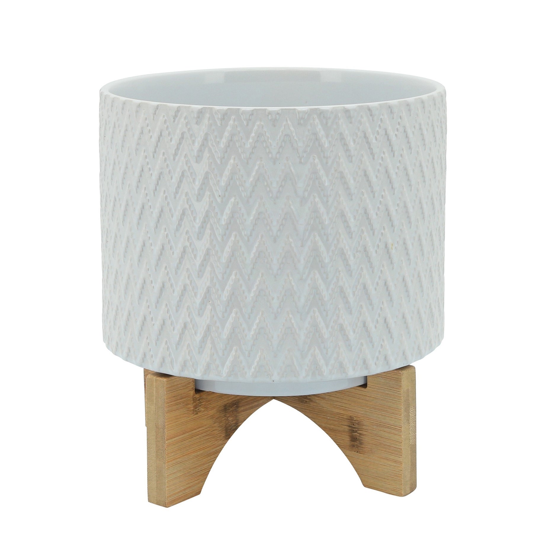 Ceramic Planter with Chevron Pattern and Wooden Stand, Small, White--1