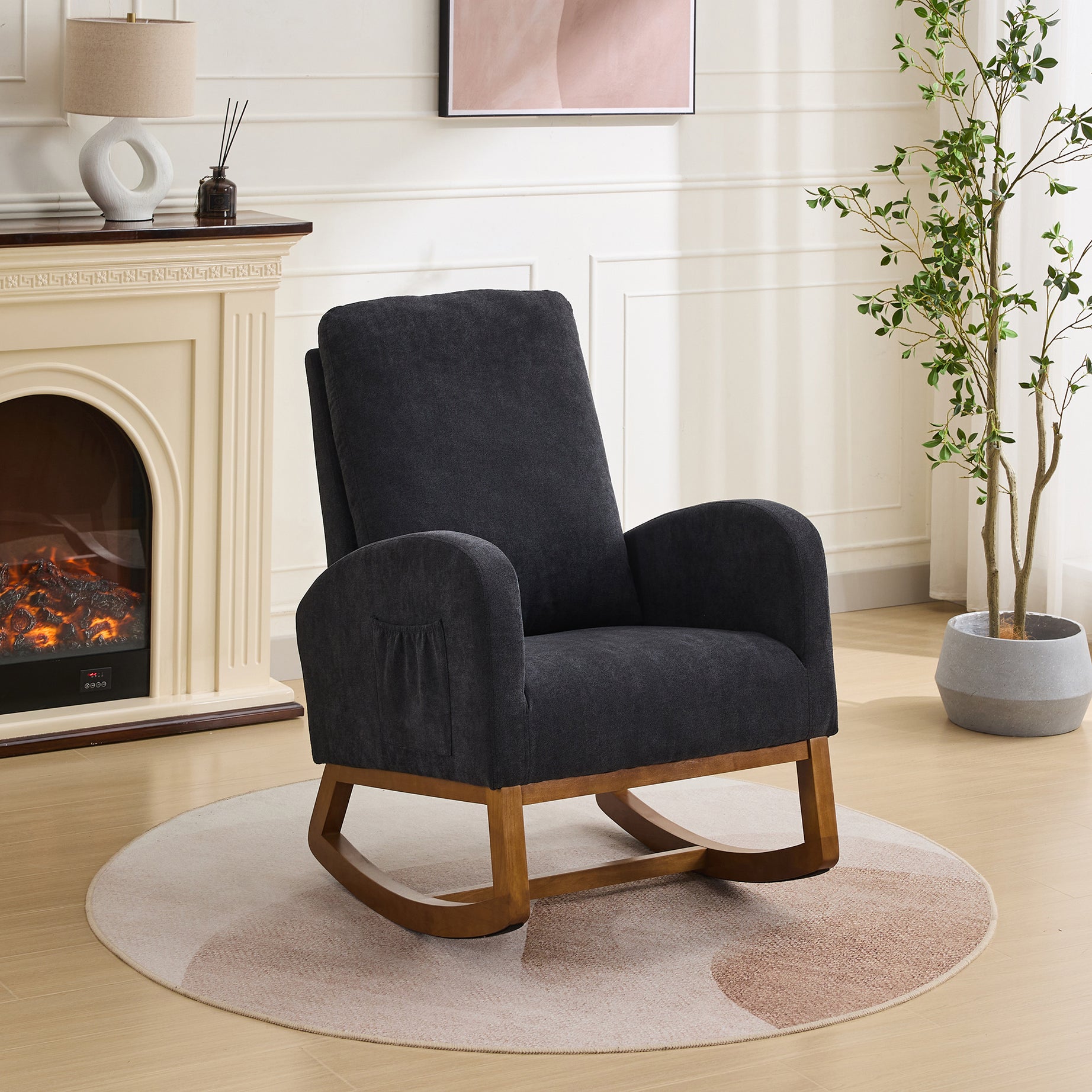 27.2"W Rocking Chair for Nursery, Polyester Glider Chair with High Back and Side Pocket, Rocking Accent Armchair with Rubber Wood Legs for Living Room/Bedroom.Black--1