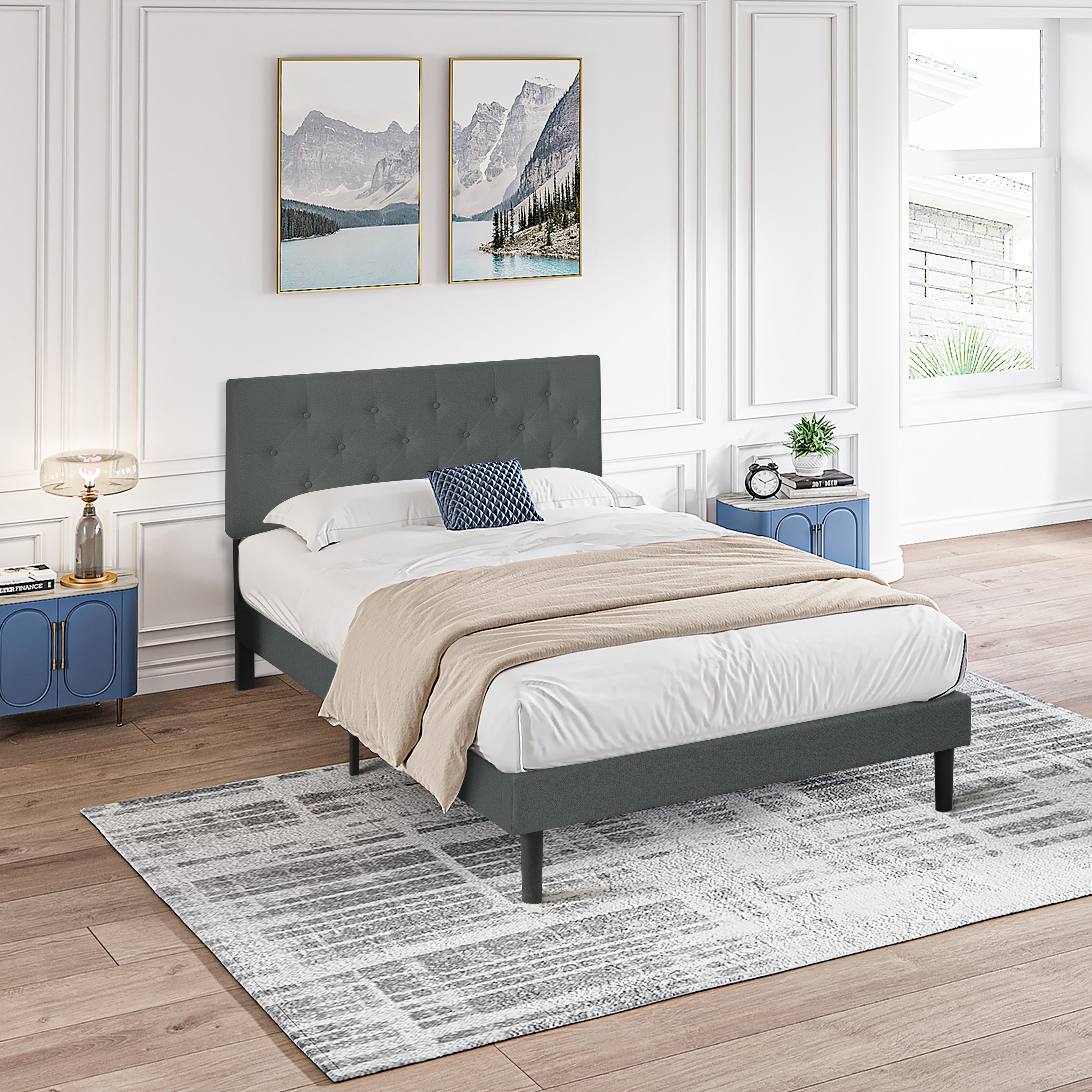 Queen Size Upholstered Platform Bed Frame with Modern Button Tufted Linen Fabric Headboard, No Box Spring Needed, Wood Slat Support, Easy Assembly, Dark Grey--1