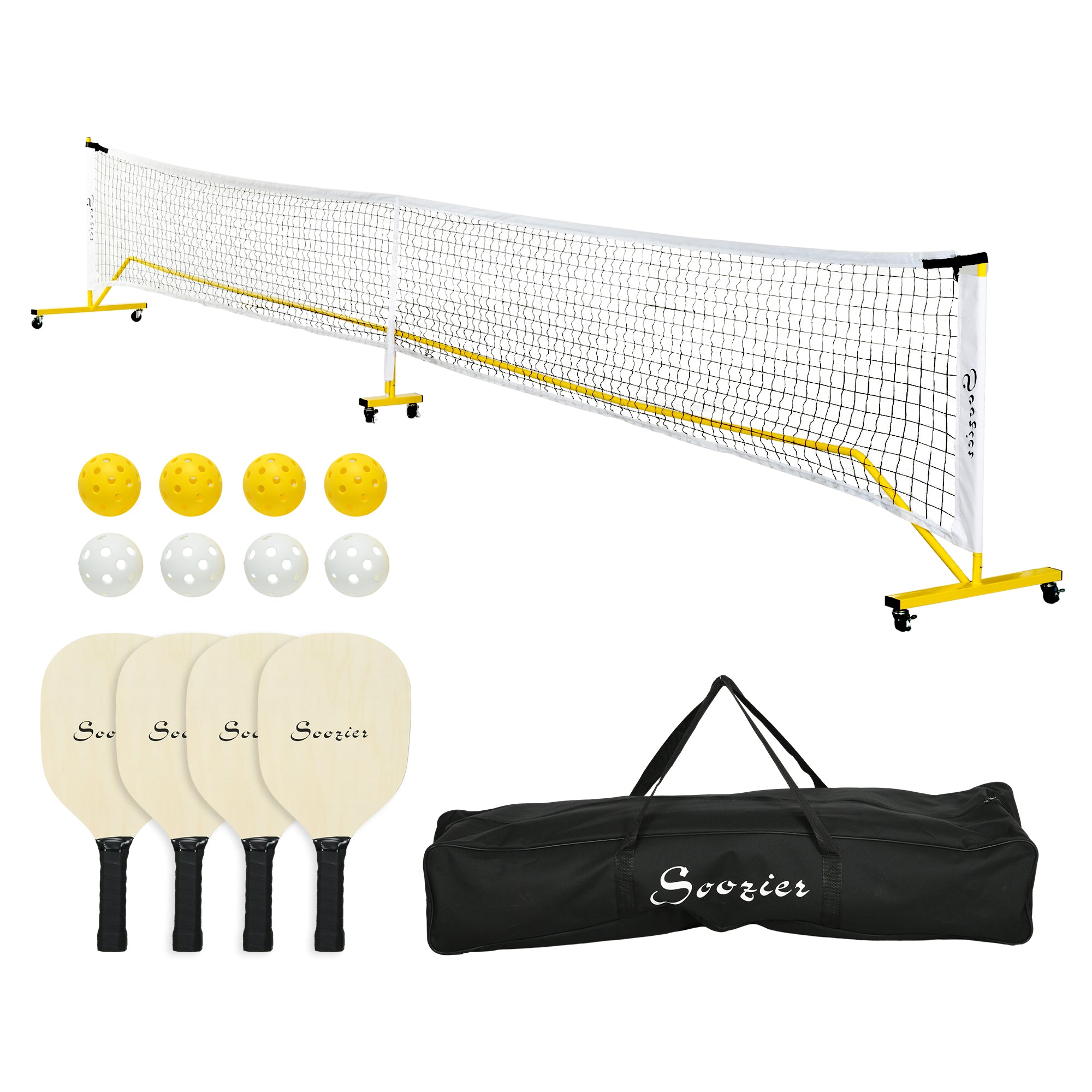 Soozier Pickleball Set with Net, Court Markers and Wheels, 22FT Portable Pickleball Net for Driveway with 4 Pickleball Paddles, 8 Pickleballs and 1 Carry Bag--1