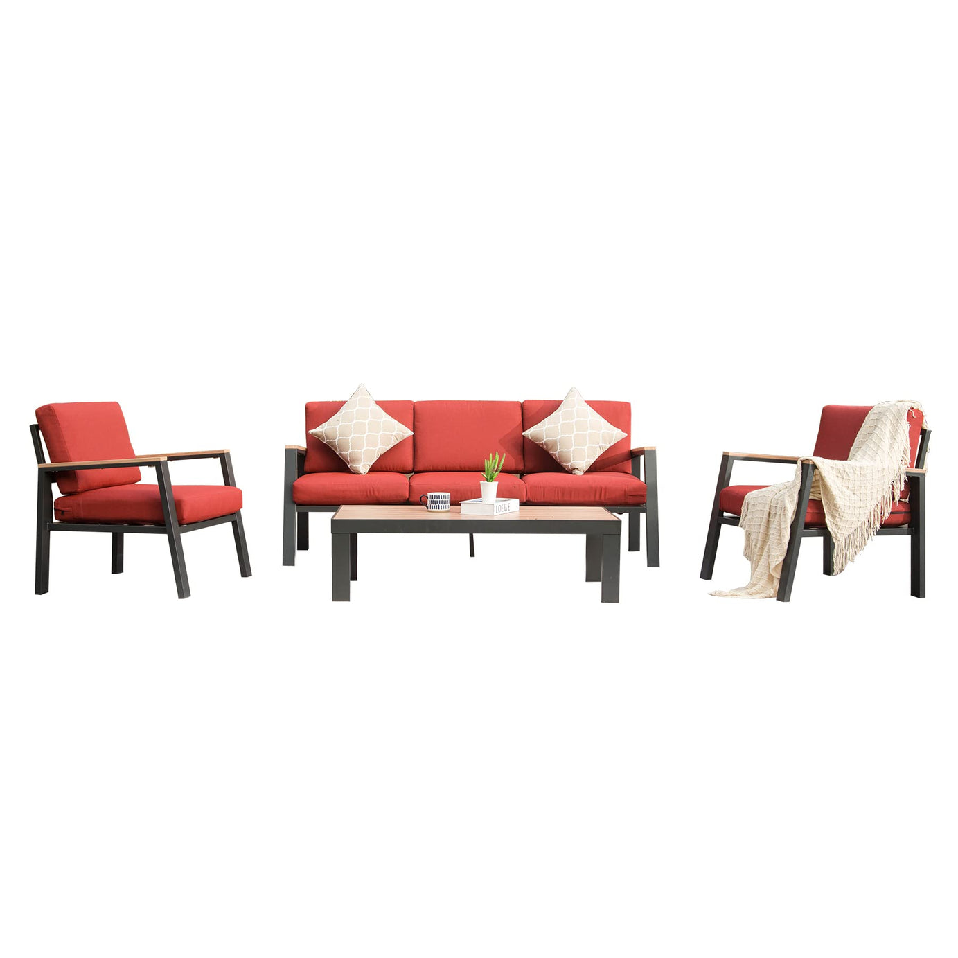 4 Pieces Aluminum Outdoor Patio Furniture Set, Modern Outdoor Sectional with Outdoor Patio Coffee Table & 7 Inch Cushion, Outdoor Patio Sectional Sofa Set for Balcony, Garden, Red--1