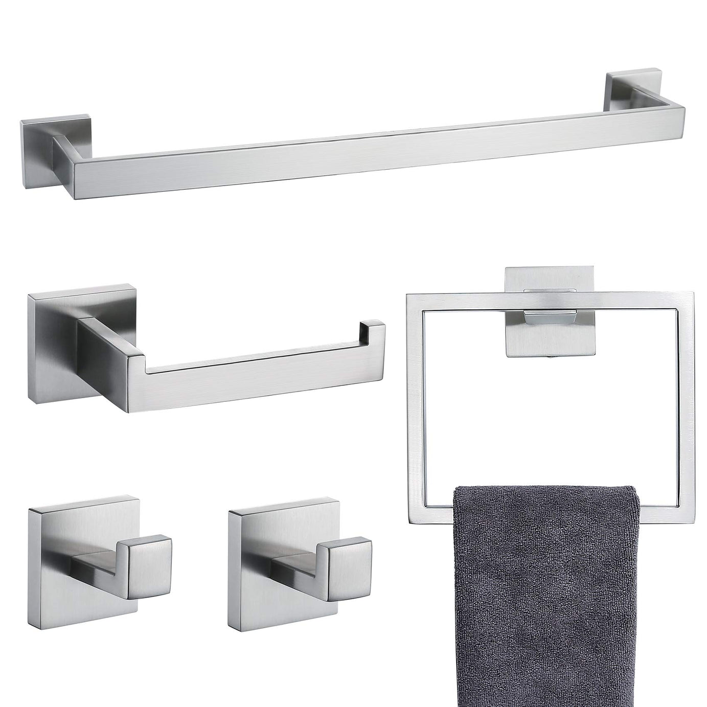 5 PC Bathroom Accessory Set in Brushed Nickel Towel Bar Toilet Paper Holder Hook Towel Ring--1