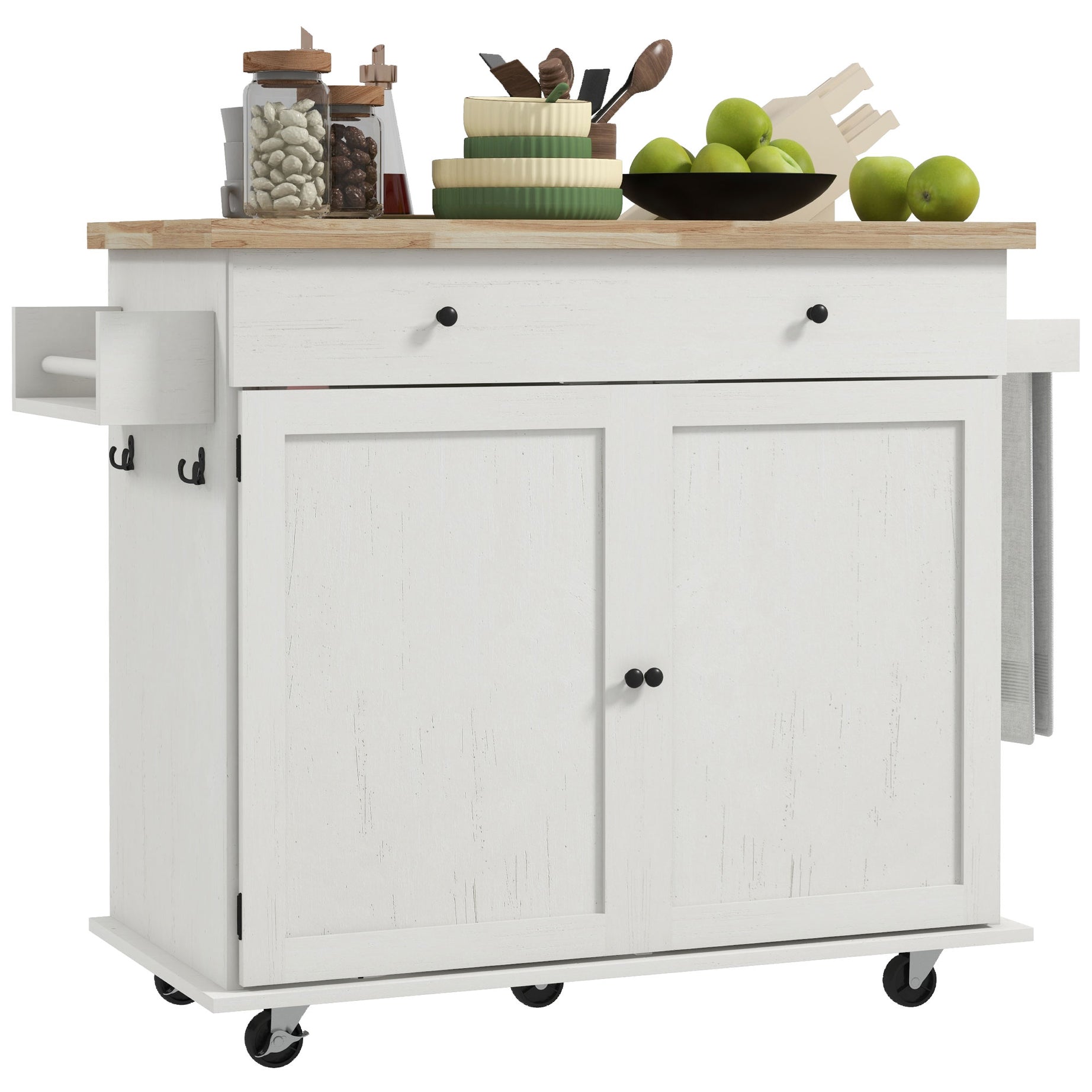 HOMCOM Kitchen Island with Storage, Farmhouse Rolling Kitchen Island Cart on Wheels with Drawer, 2 Cabinets, Rubberwood Top, Spice Rack, Towel Racks and 2 Hooks, Distressed White--1