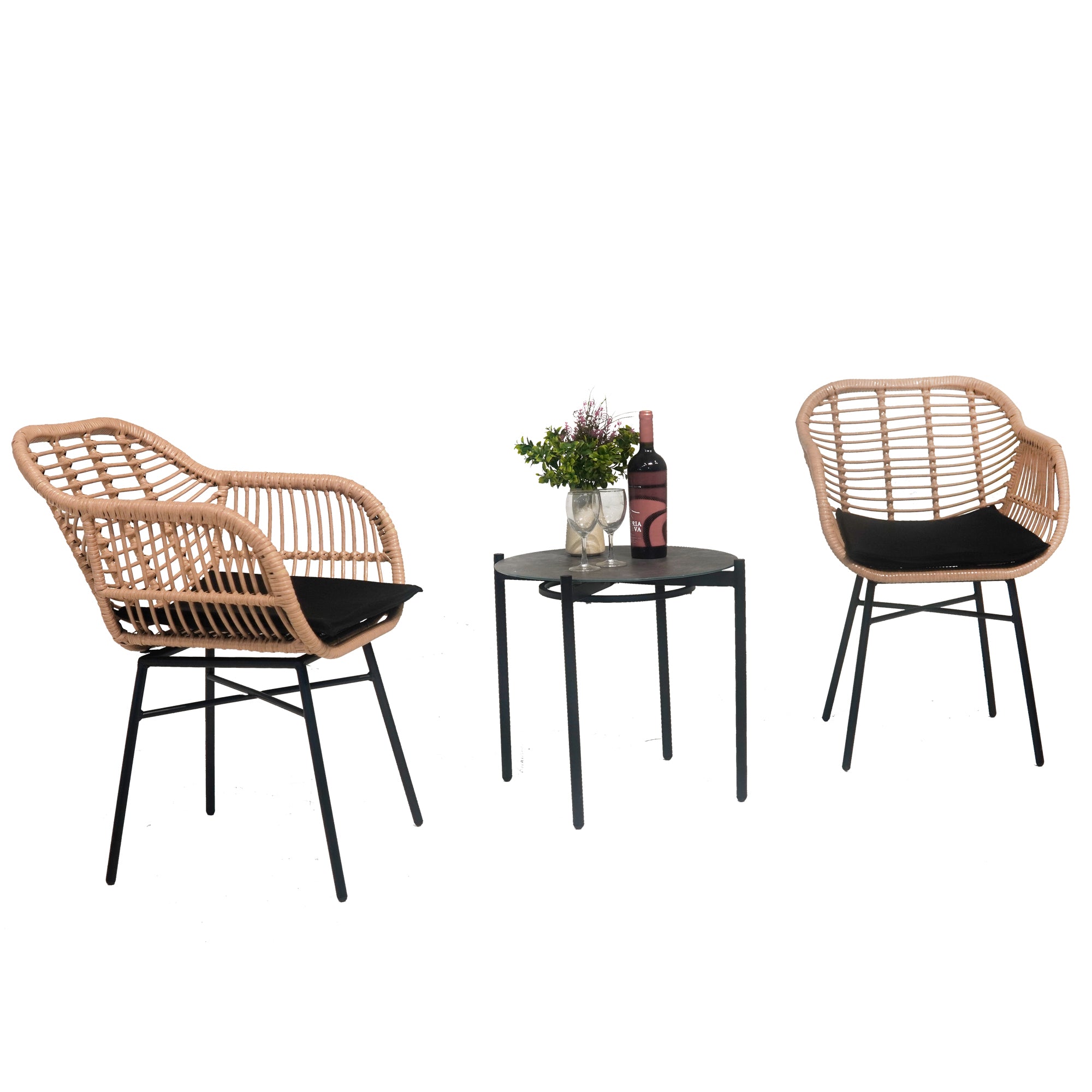 3 Pieces Of Luxury Outdoor Wicker Furniture - Patio Bistro Style Table And Chair Combination,Weather-resistant PE Wicker Weave, Stainless Steel Fame, Suitable For Garden, Terrace,Backyard Casua--1