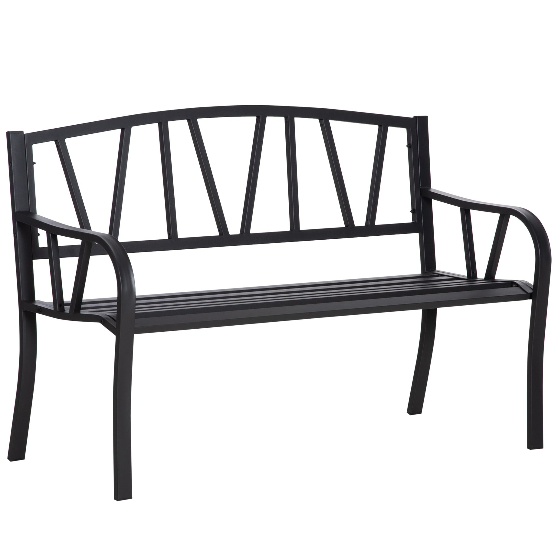 Outsunny 50" Metal Garden Bench, Black Outdoor Bench for 2 People, Park-Style Patio Seating, Decor with Smooth Armrests, Slatted Seat and Backrest, Black--1