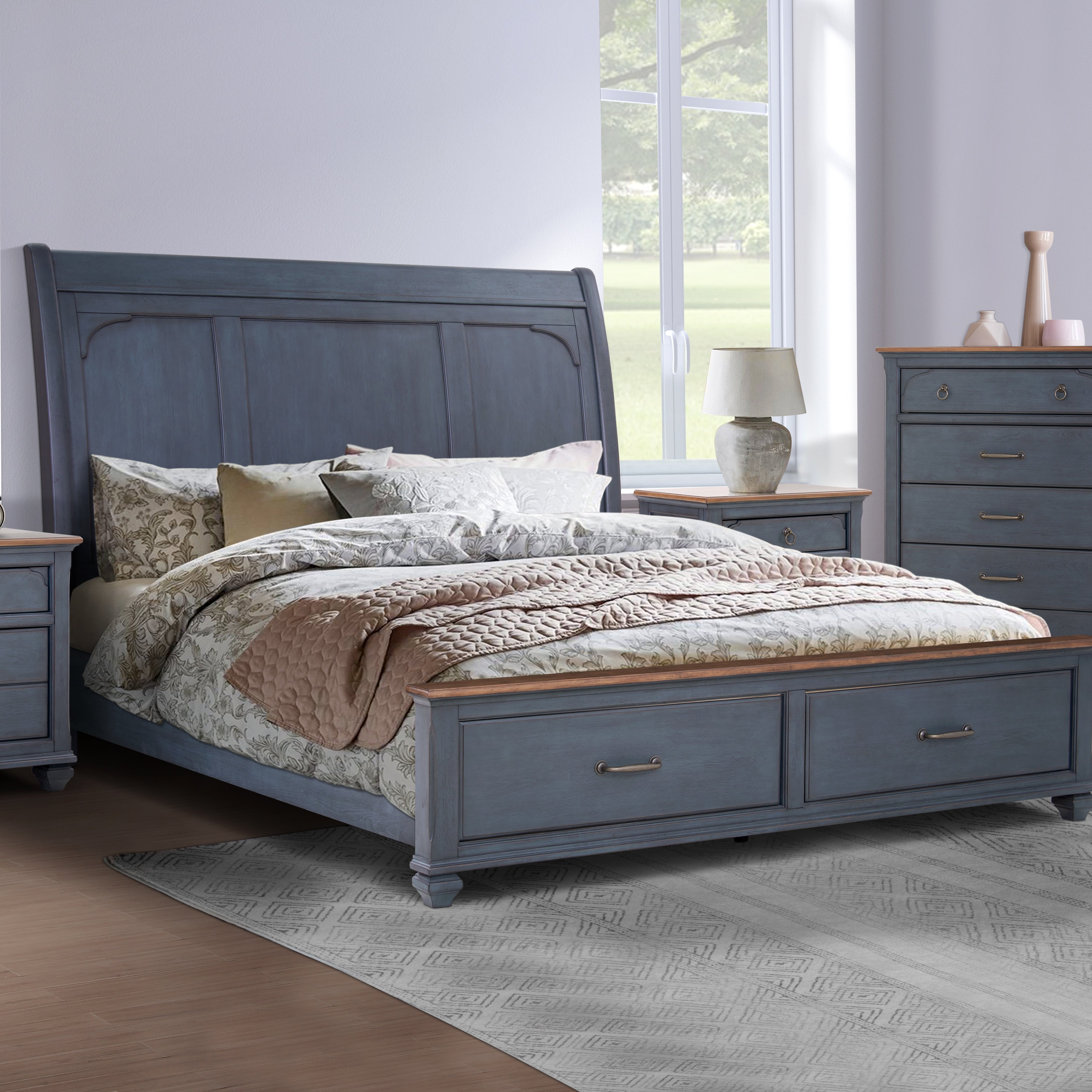 Bridgevine Home Americana King Size Sleigh Bed, Corduroy Blue Finish--1