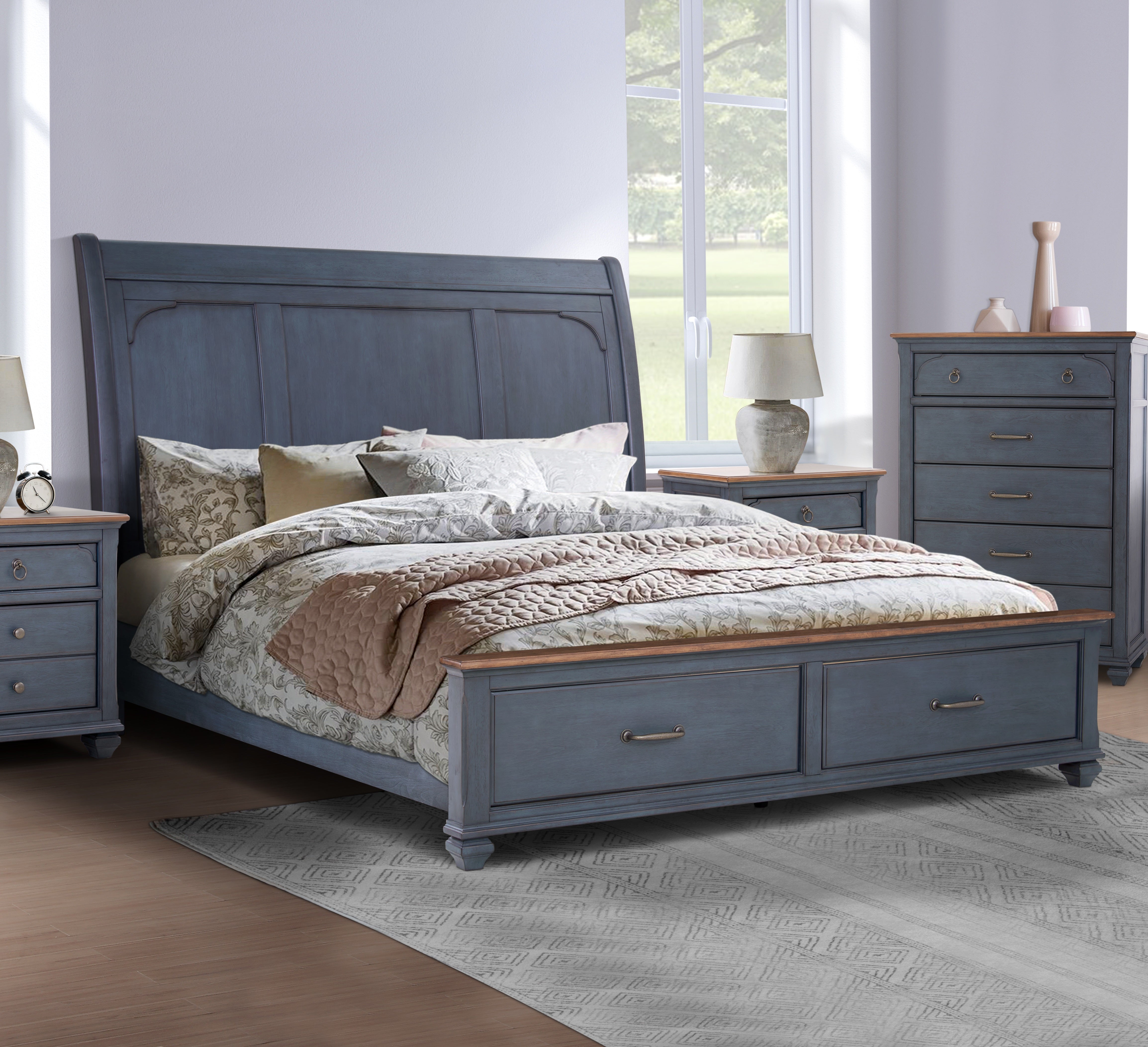 Bridgevine Home Americana King Size Sleigh Bed, Corduroy Blue Finish--1