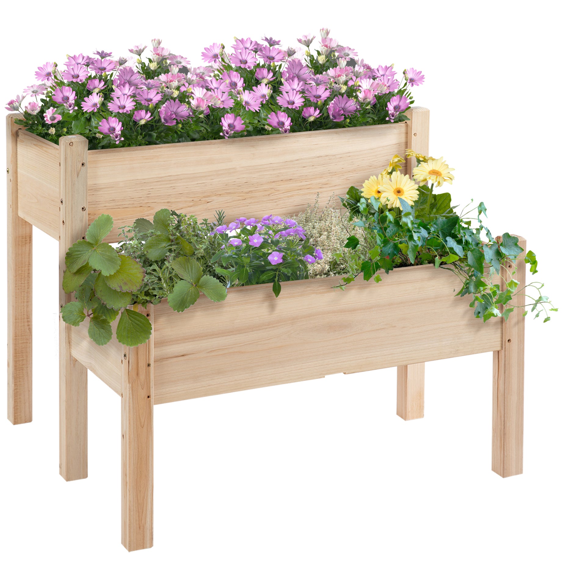 Outsunny 34"x34"x28" Raised Garden Bed, 2-Tier Elevated Wood Planter Box for Backyard, Patio to Grow Vegetables, Herbs, and Flowers, Natural--1