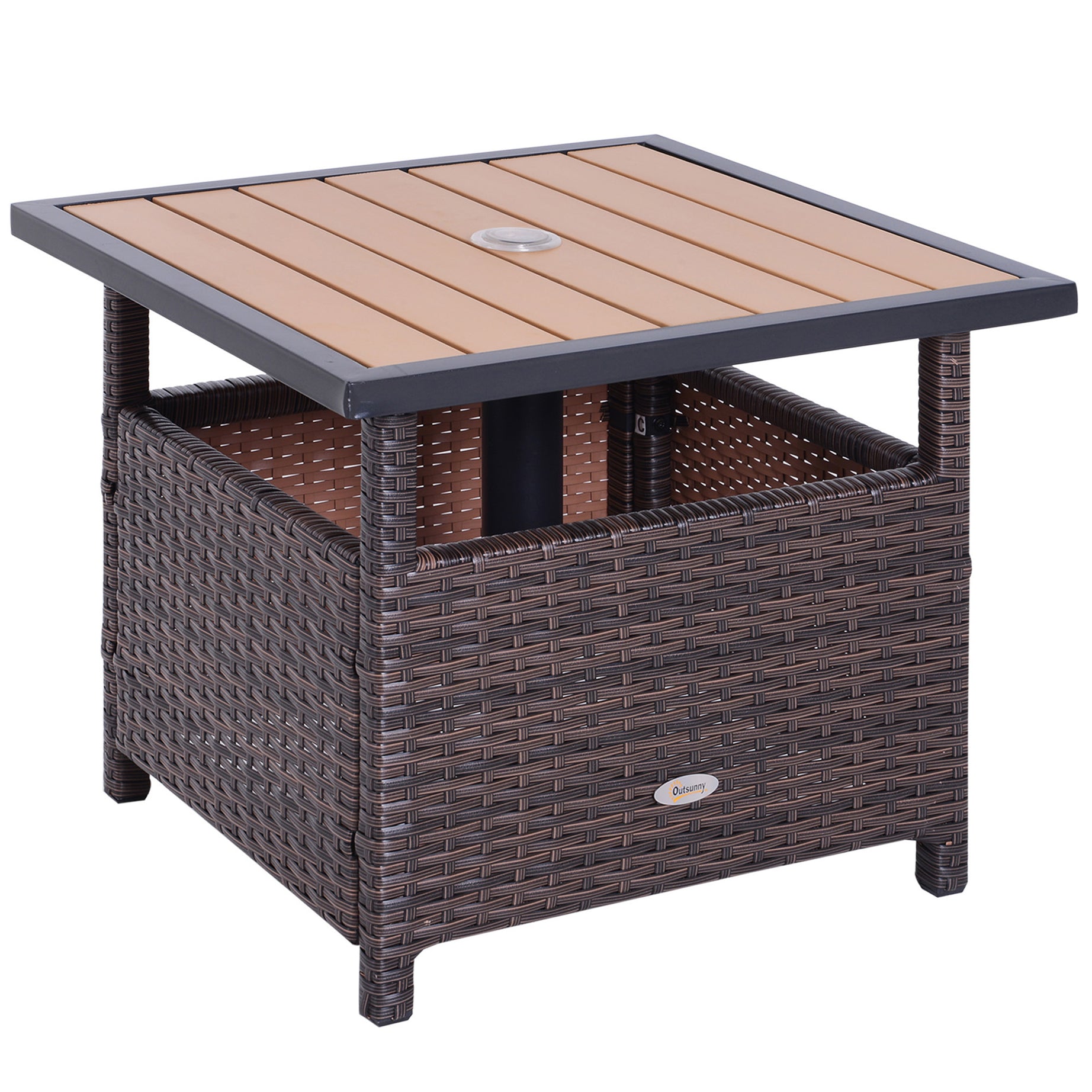 Outsunny 22'' Rattan Wicker Side Table with Steel Frame, Umbrella Insert Hole, Sand Bag for Outdoor, Patio, Garden, Backyard, Brown--1