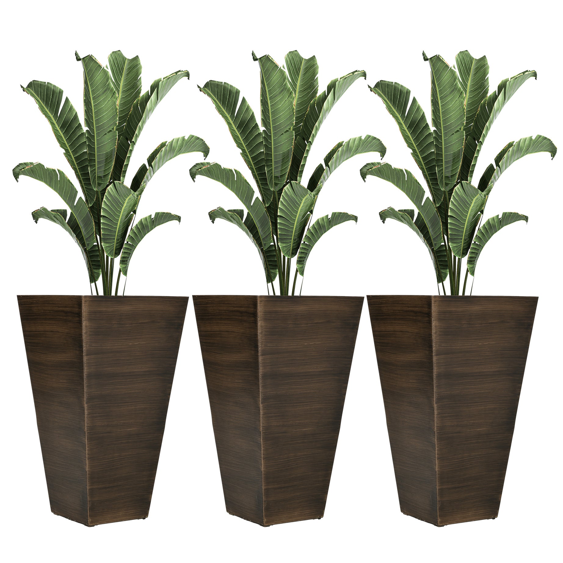 Outsunny 28" Tall Outdoor Planters, Set of 3 Large Taper Planters with Drainage Holes and Plug, Faux Wood Plastic Flower Pots for Outdoor, Indoor, Garden, Patio, Brown--1