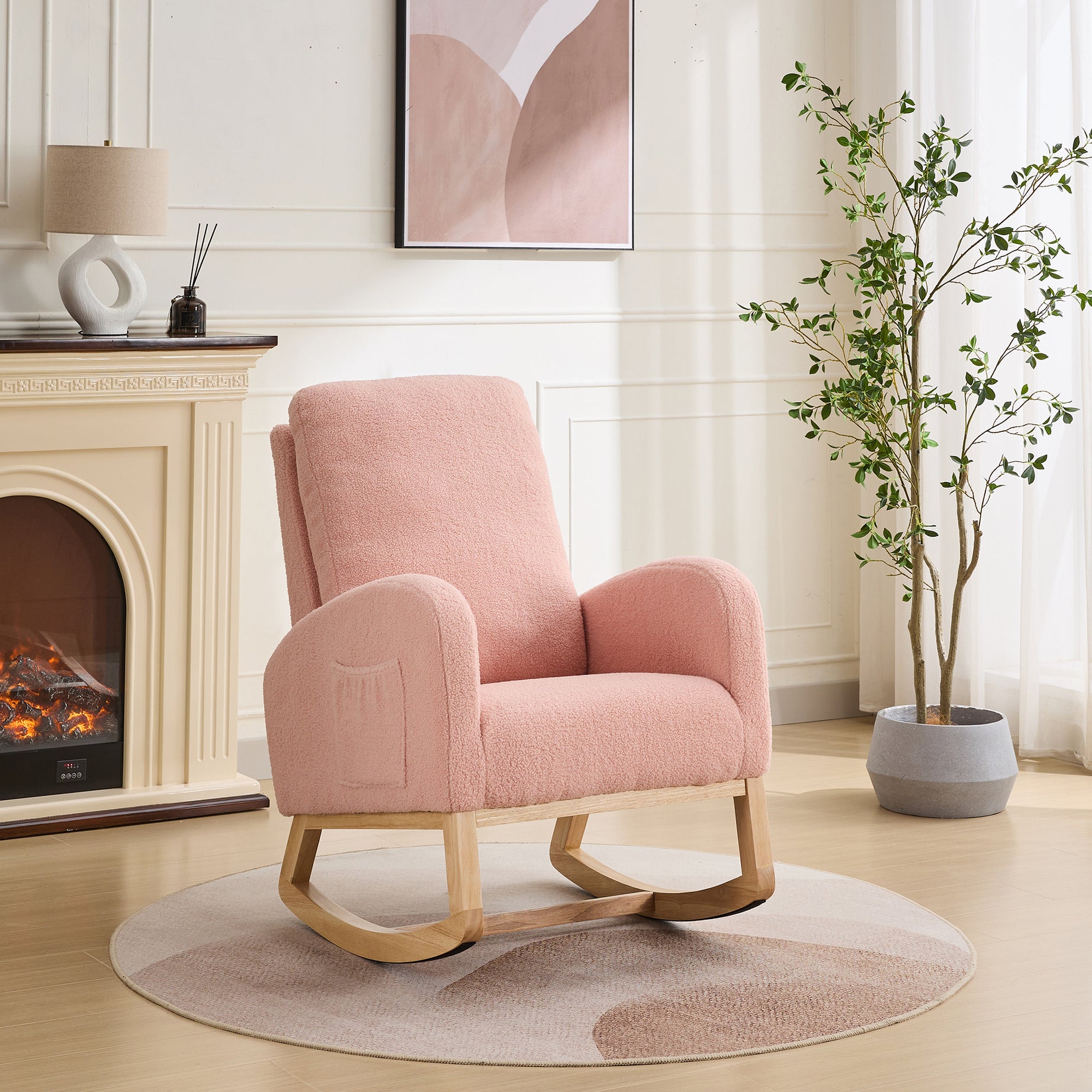 27.2"W Rocking Chair for Nursery, Sherpa Glider Chair with High Back and Side Pocket, Rocking Accent Armchair with Rubber Wood Legs for Living Room/Bedroom.Pink--1