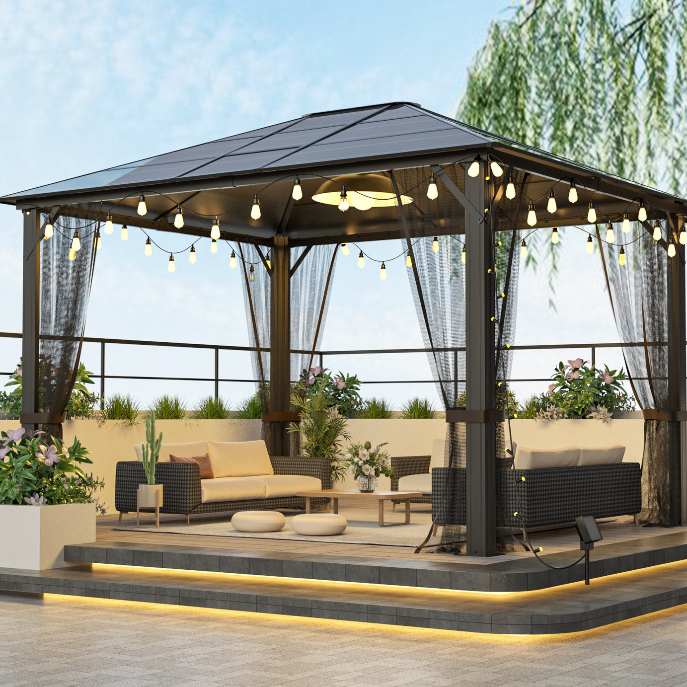 10x12 Hardtop Metal Gazebo,Heavy Duty Pergola with Mosquito Nets,Galvanized Steel&Polycarbonate Roof,Sturdy Outdoor Canopies Tent,Suitable for Gardens,Patio,Backyard--1