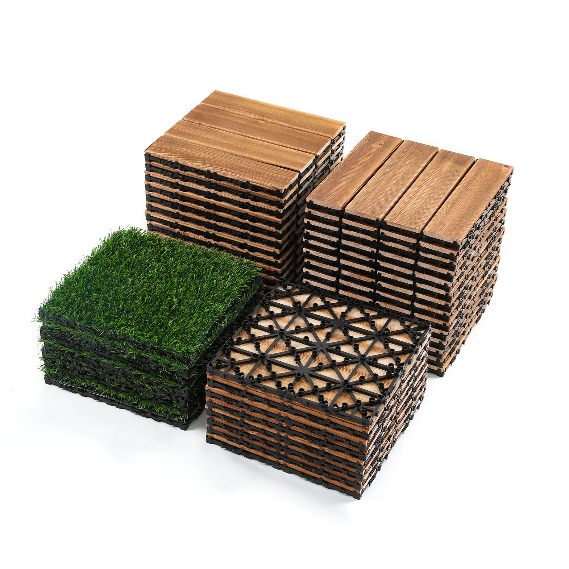 36pcs DIY wood-plastic carbonized floor, 8pcs simulated lawn, waterproof and sunscreen - transform your outdoor space!--1