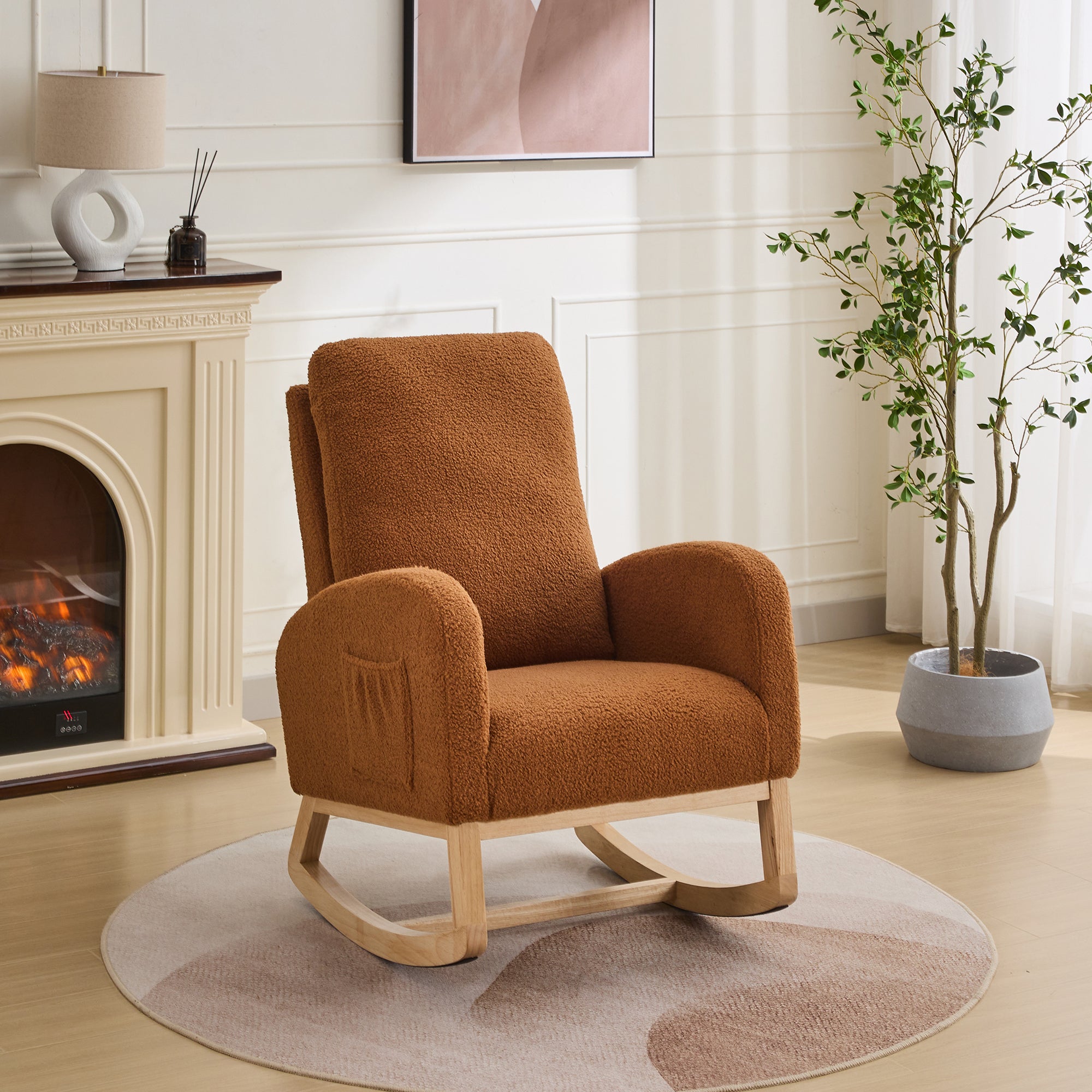 27.2"W Rocking Chair for Nursery, Sherpa Glider Chair with High Back and Side Pocket, Rocking Accent Armchair with Rubber Wood Legs for Living Room/Bedroom.Caramel--1