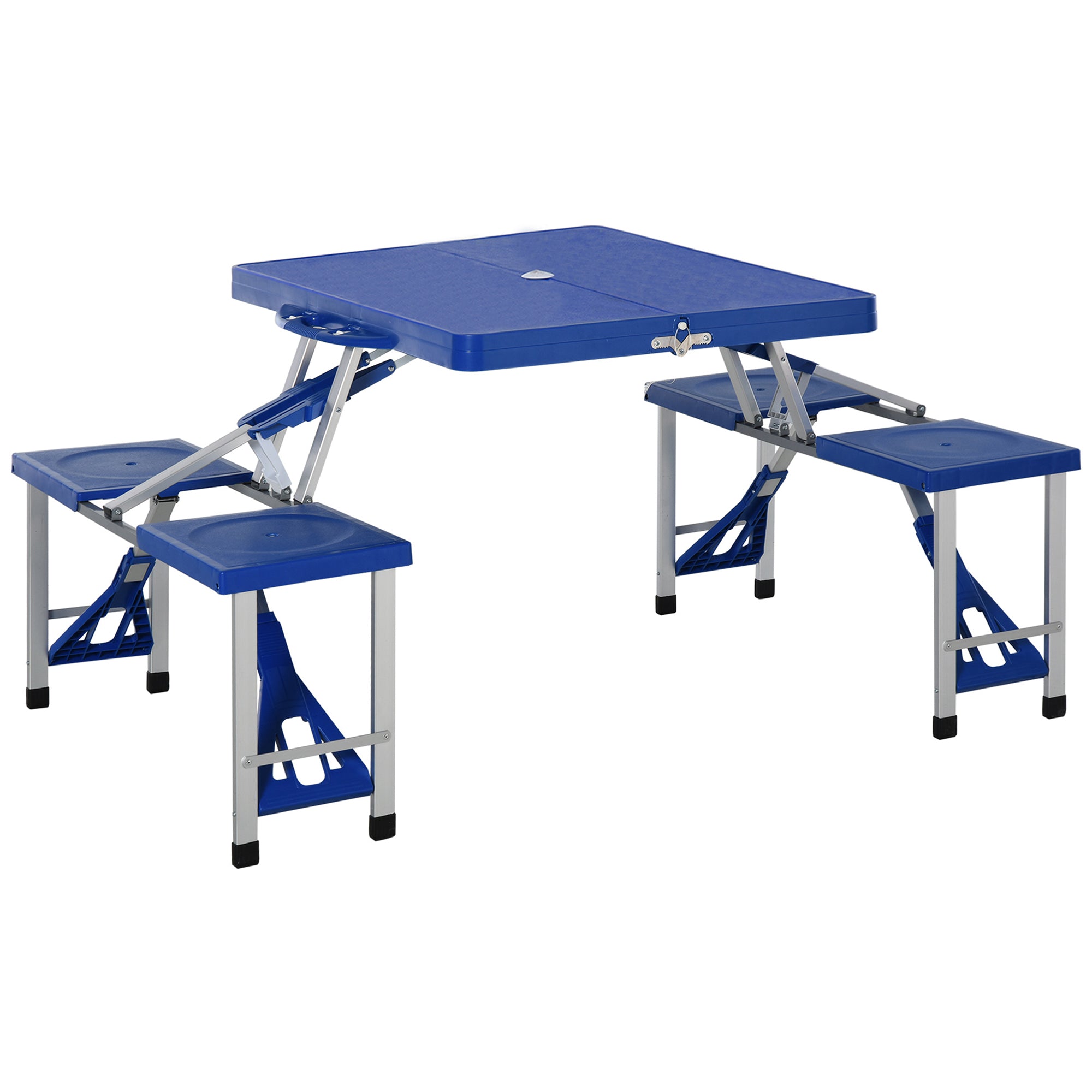 Outsunny Folding Picnic Table with Seats and Umbrella Hole, Portable Camping Chairs Set, 4-Seat, Aluminum Frame, Blue--1