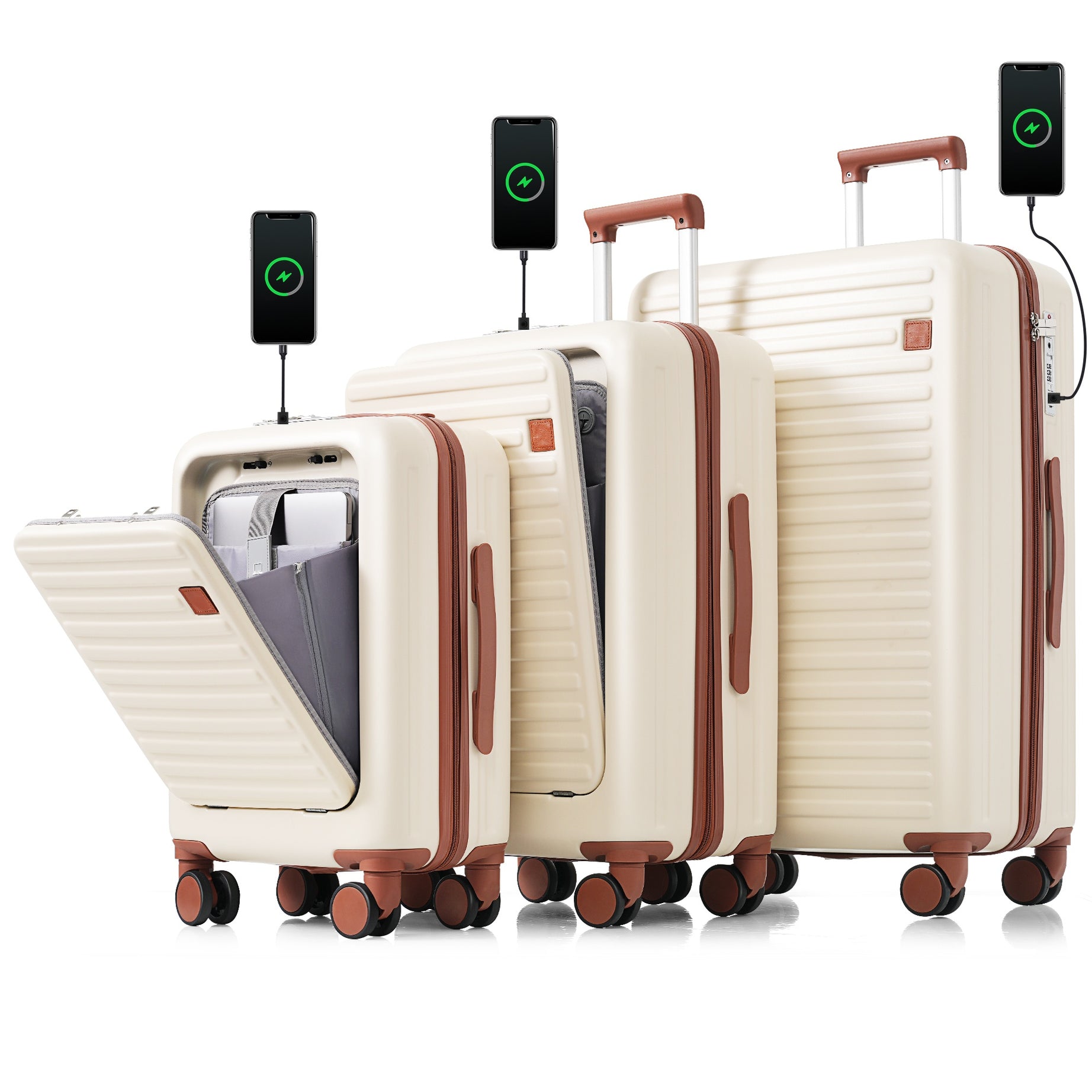 Luggage Set of 3, 20, 24, 28inch with USB Port, 20, 24inch with front opening design Airline Certified Carry on Luggage with Cup Holder, ABS Hard Shell Luggage with Spinner Wheels, ivory and brown--1