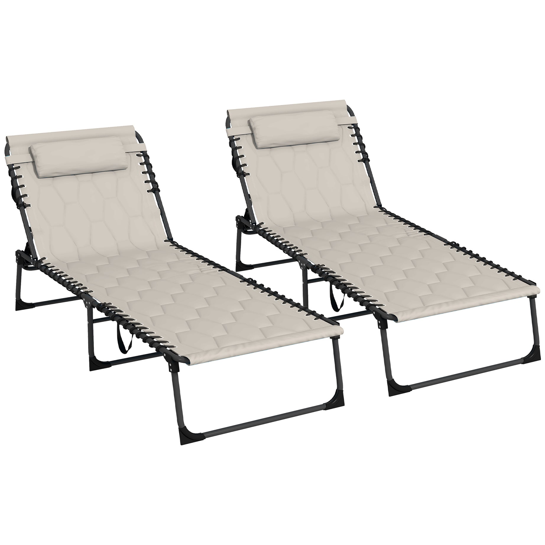 Outsunny Folding Chaise Lounge Set with 5-level Reclining Back, Outdoor Lounge Tanning Chair with Padded Seat, Side Pocket & Headrest for Beach, Yard, Patio, Khaki--1