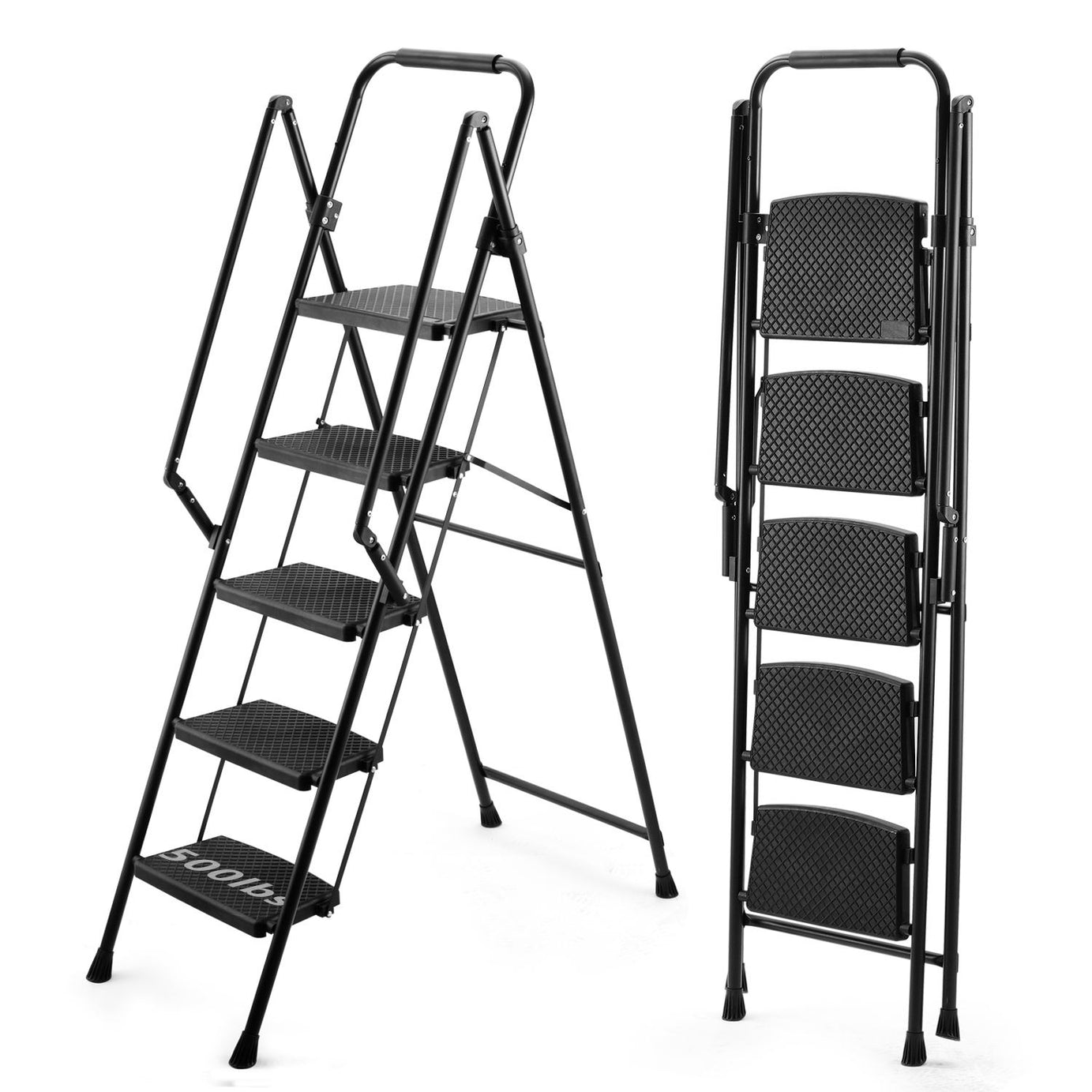 5-step ladder, folding ladder stool, with anti slip wide pedals, steel ladder, with safety anti slip handle, lightweight 300 pound portable steel ladder stool in black--1