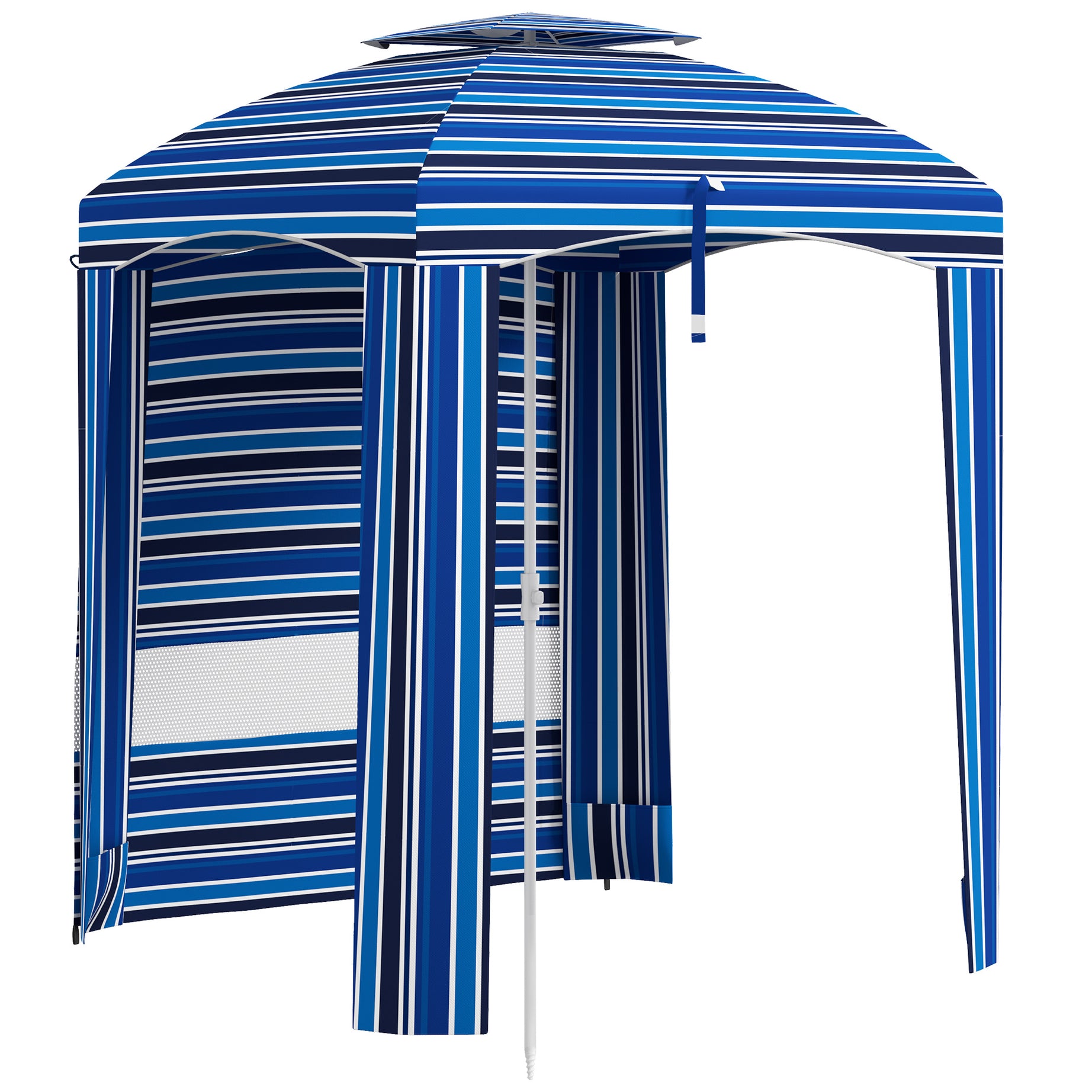 Outsunny 5.8' x 5.8' Portable Beach Umbrella with Double-Top, Ruffled Outdoor Cabana with Walls, Vents, Sandbags, Carry Bag, Blue Stripe--1