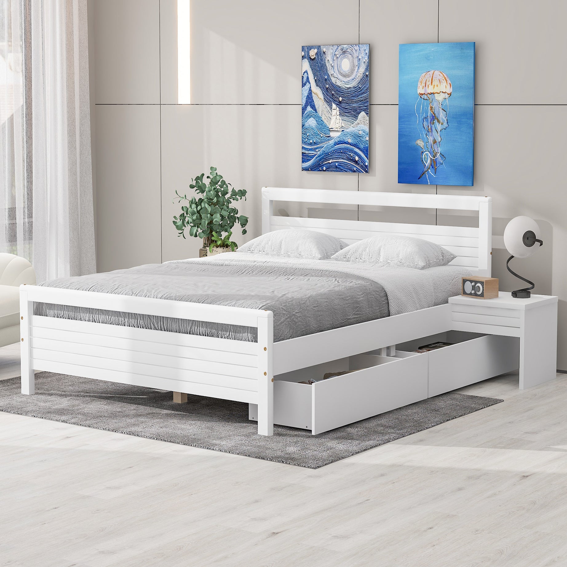 Queen Size Wooden Platform Bed with 2 Storage Drawers and 2 bedside tables, White--1