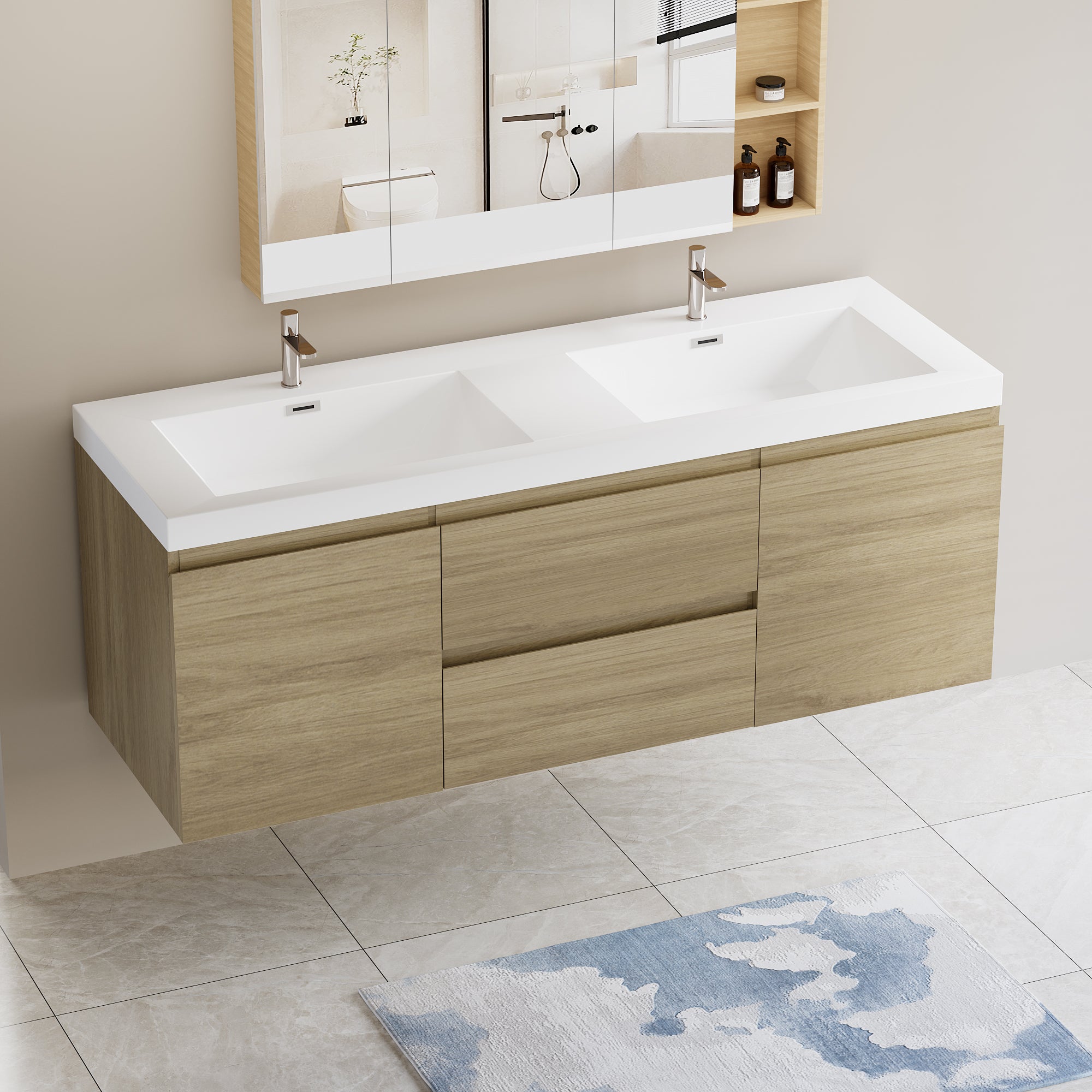 60" Floating Bathroom Vanity with Sink, Modern Wall-Mounted Bathroom Storage Vanity Cabinet with Double Resin Top Basins and Soft Close Drawers, Natural Oak 24V11-60DNO--1