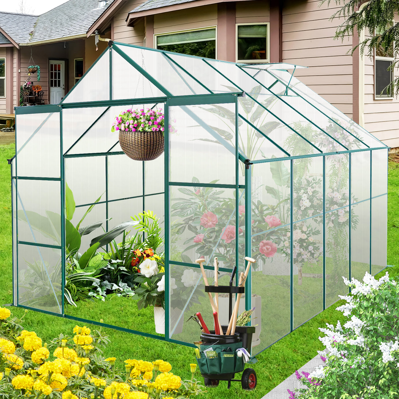 8x10FT Double Door Polycarbonate Greenhouse Raised Base and Anchor Aluminum Heavy Duty Walk-in Greenhouses for Outdoor Backyard in All Season,Green--1