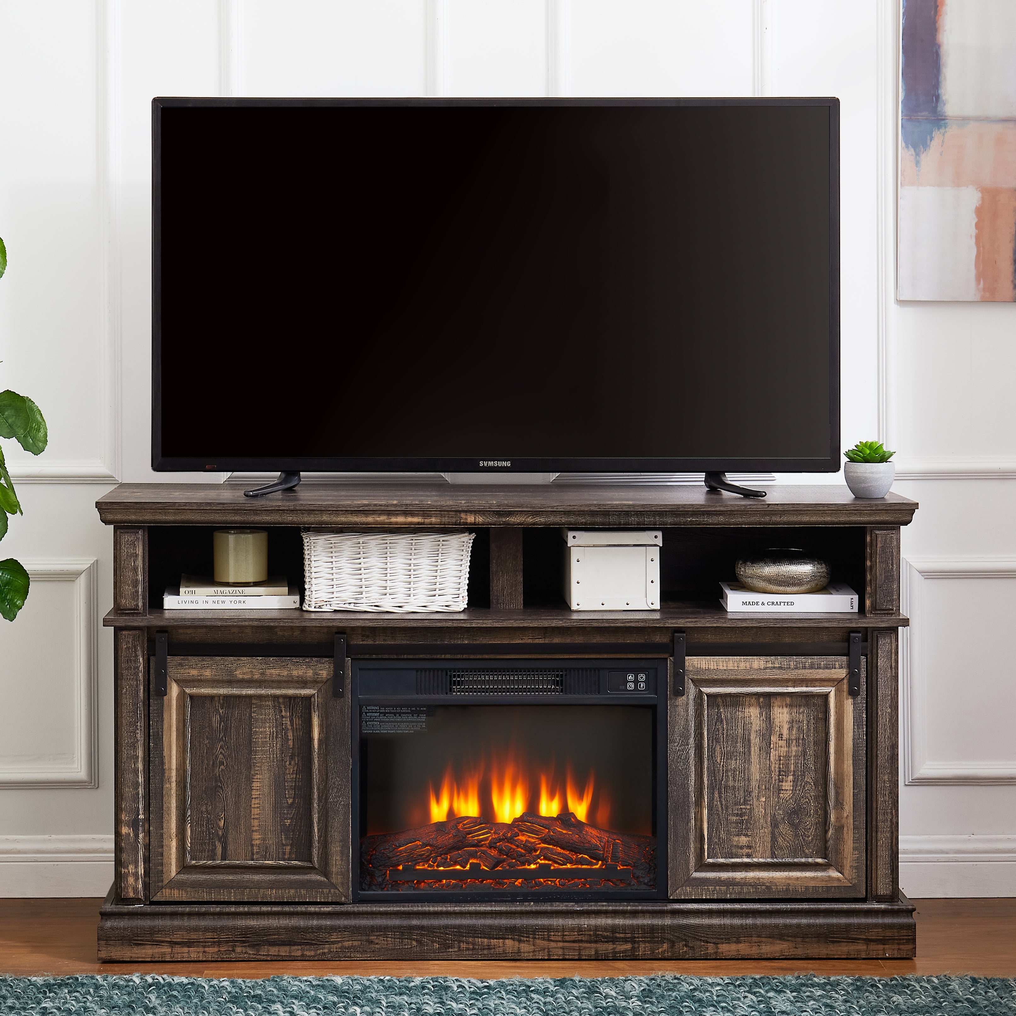 Modern Entertainment Console TV Stand with 23" Fireplace Insert, Multipurpose Sliding Door TV Cabinet Large Storage Space, 58.11"W*15.79"D*32.36"H Antique brown--1