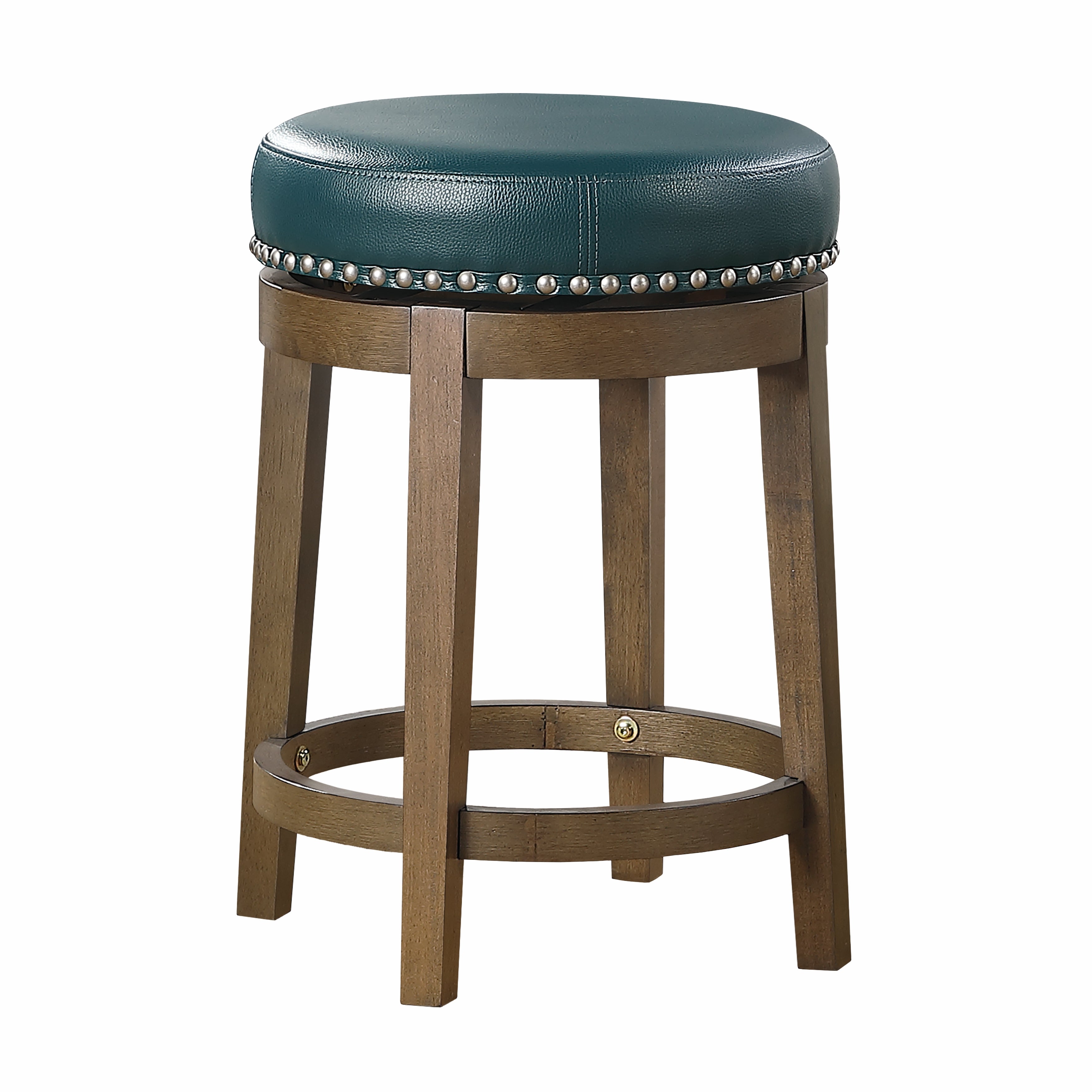 Round Swivel Counter Height Stools Set of 2, Green Faux Leather 360-degree Swivel Seat Nailhead Trim Solid Wood Frame Brown Finish Furniture--1