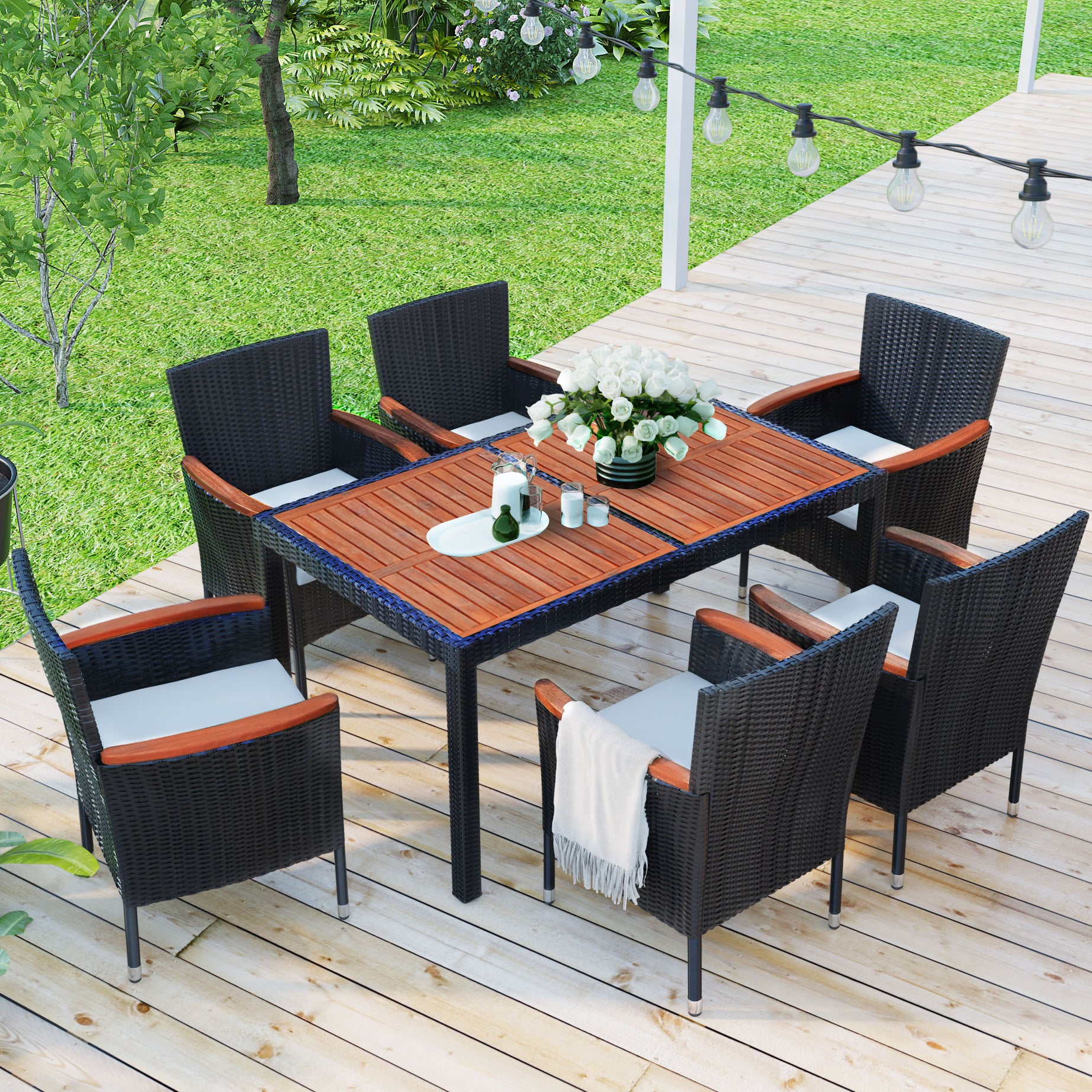 7-Piece Outdoor Patio Dining Set, Garden PE Rattan Wicker Dining Table and Chairs Set, Acacia Wood Tabletop, Stackable Armrest Chairs with Cushions, Reddish-brown--1