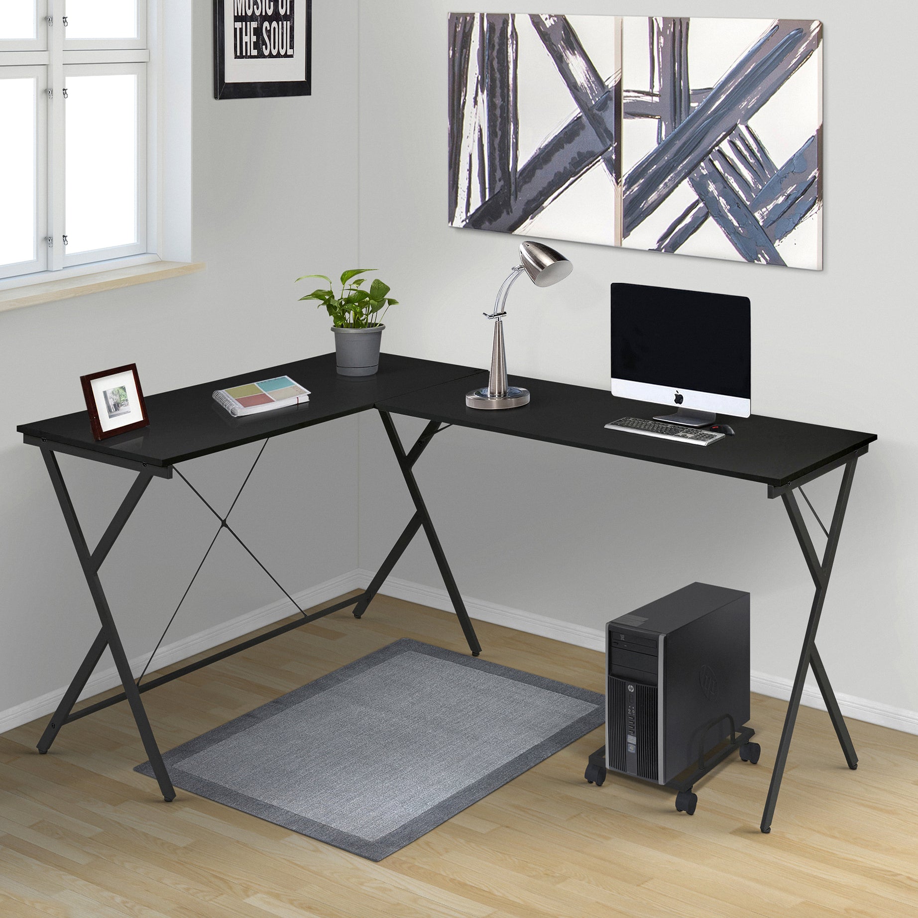 Black L-shaped Computer Desk with CPU Holder--1