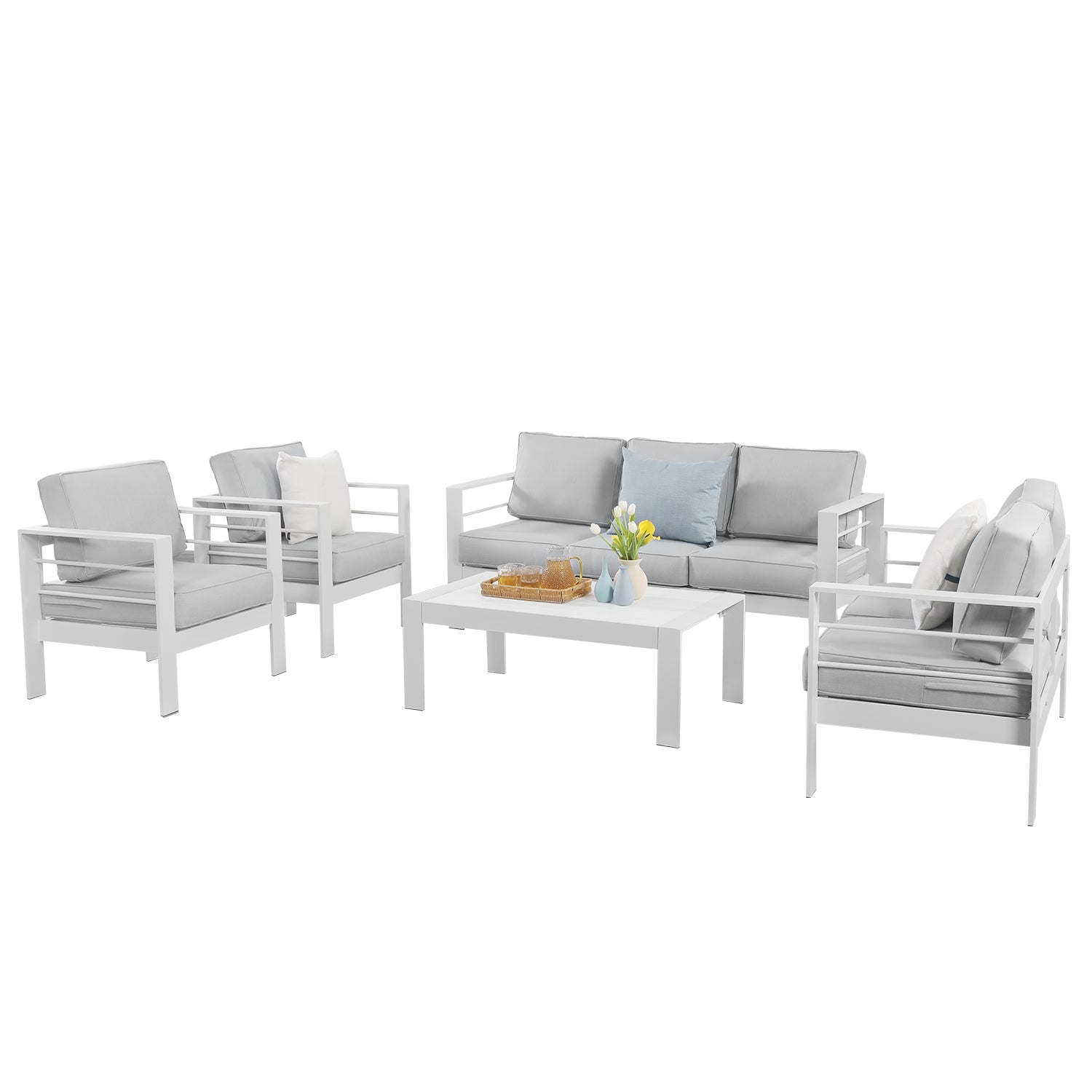 5 Pieces Outdoor All-Weather Conversation Set, Sectional Sofa, Aluminum  Couch  - Light Gray Cushions--1