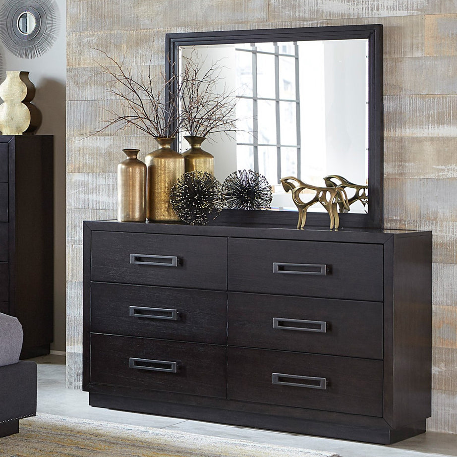 Modern Bedroom Furniture 1pc Dresser of 6x Drawers Charcoal Finish Glass Insert Top Stylish Gunmetal Tone Handles--2