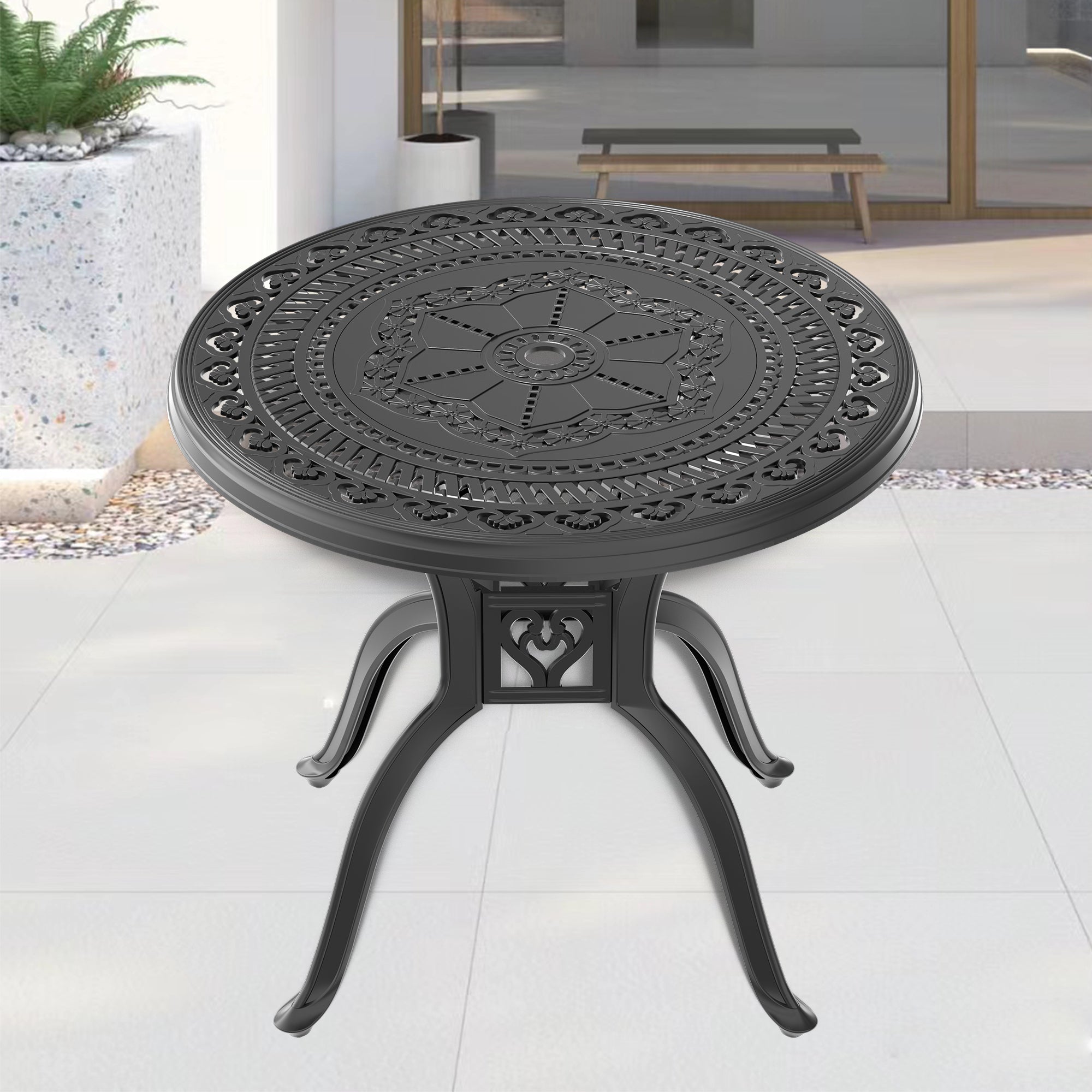 Ø31.50-inch Cast  Aluminum Patio Dining Table with Black Frame and Umbrella Hole--1