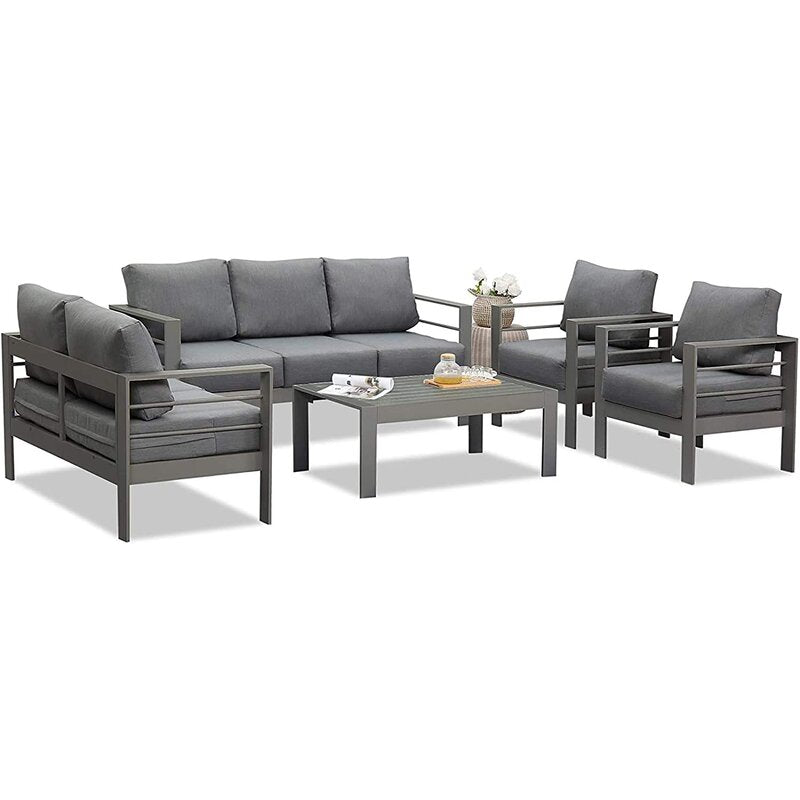 5 Pieces Outdoor All-Weather Conversation Set, Sectional Sofa, Aluminum  Couch  - Dark Gray Cushions--1