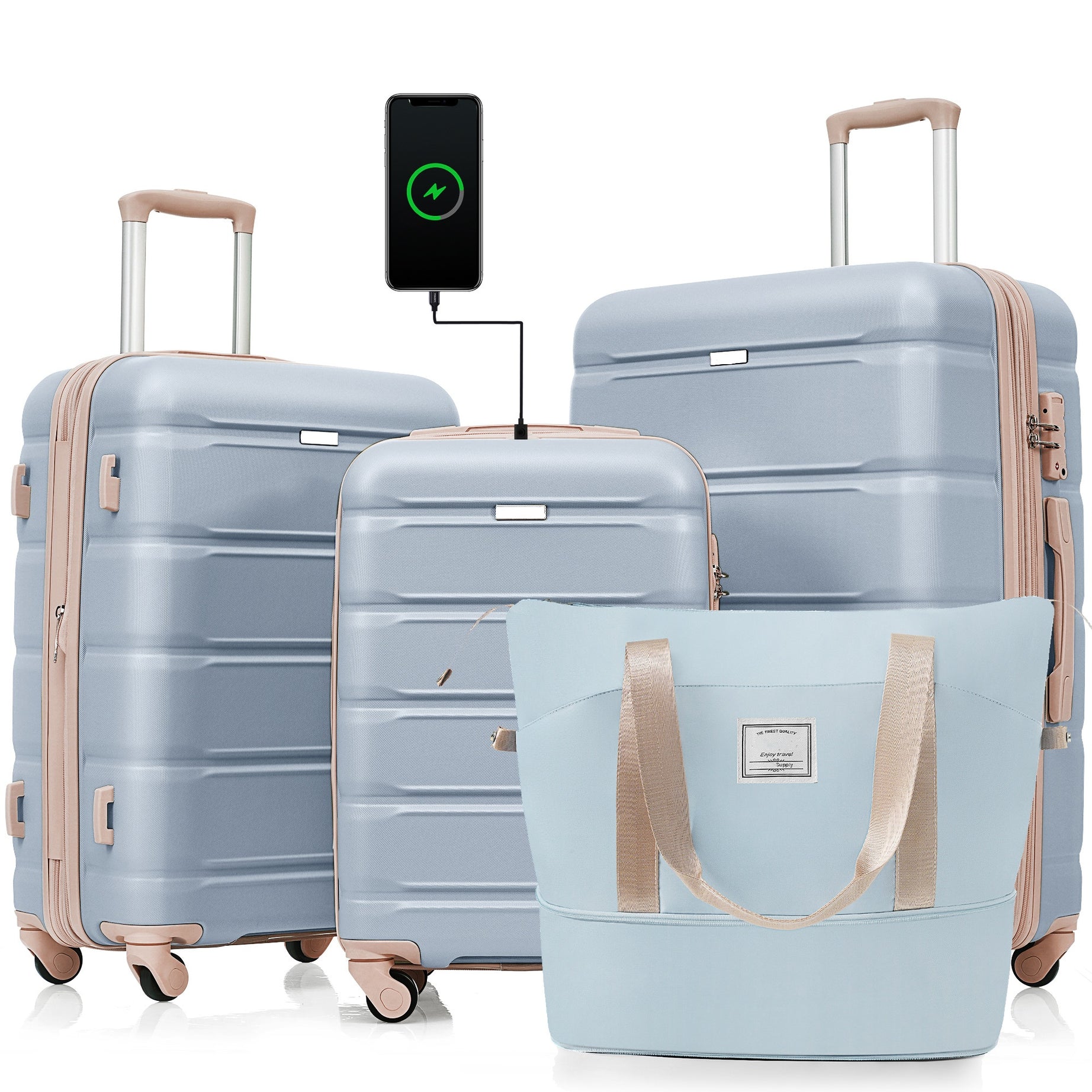 Luggage Sets 4 Piece, 20-inch with USB Port, Expandable ABS Durable Suitcase with Travel Bag,  Cup Holder, ABS Hard Shell Luggage with Spinner Wheels, light blue and golden--1