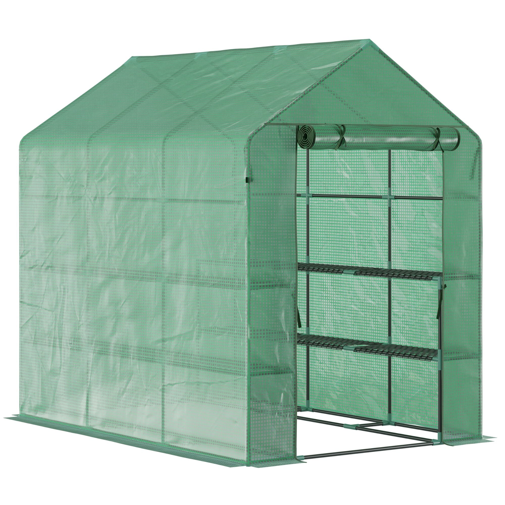 Outsunny 7' x 5' x 6.5' Walk-in Greenhouse, PE Cover, 3-Tier Shelves, Steel Frame Hot house, Roll-Up Zipper Door for Flowers, Vegetables, Saplings, Tropical Plants, Green--1