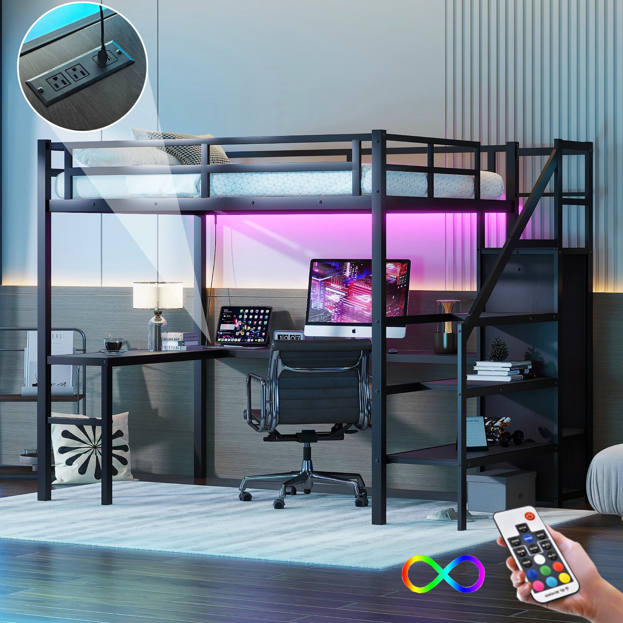 Full Size Loft Bed with L-shaped Desk and USB, Metal Loft Bed with Wardrobe and Adjustable Shelf, High Loft Bed with LED for Kids Teens Adults, Black--1