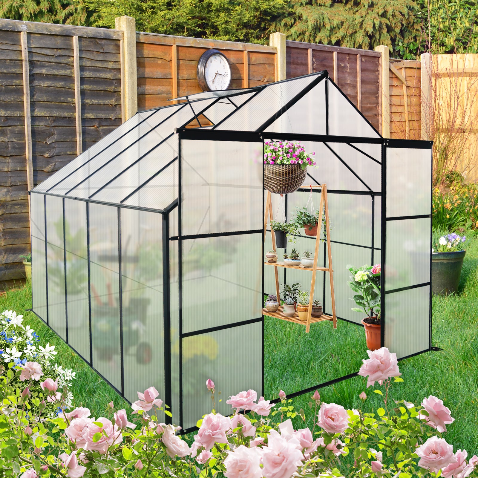 8x10FT Double Door Polycarbonate Greenhouse Raised Base and Anchor Aluminum Heavy Duty Walk-in Greenhouses for Outdoor Backyard in All Season,Black--1