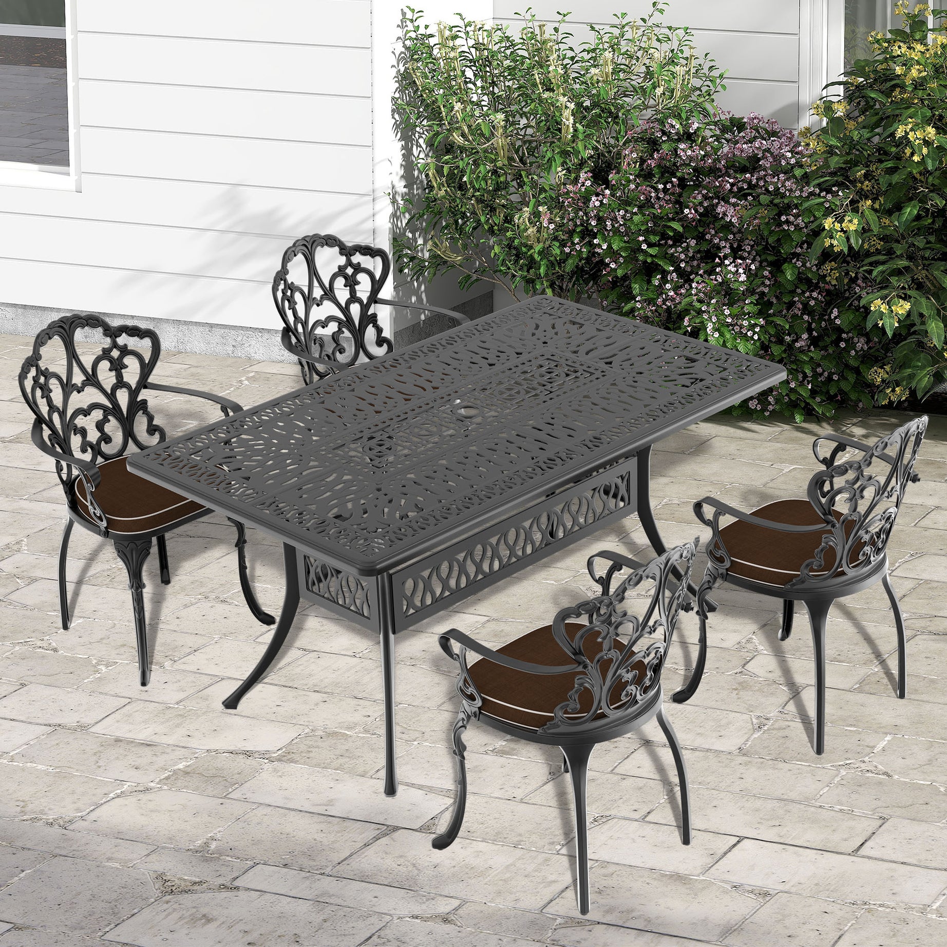 (Cushions In  Random Colors)5-Piece Set Of Cast Aluminum Patio Furniture With  Cushions--1