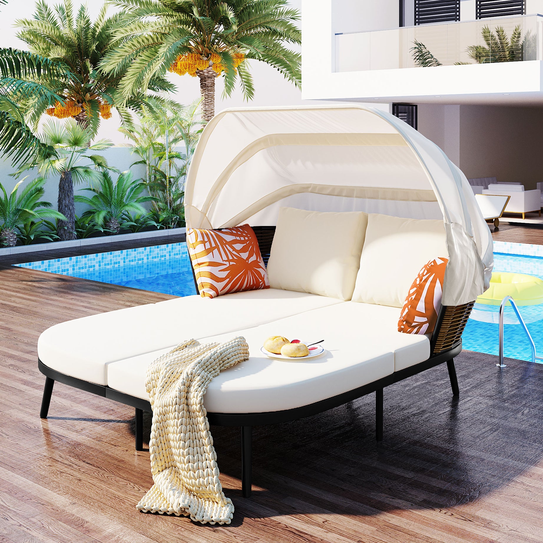 TOPMAX 74.8" L Patio Daybed with Retractable Canopy, Outdoor Rattan PE Wicker Back Loveseat Sofa Set with Throw Pillows and Cushions for Backyard, Poolside, Garden, Beige--1