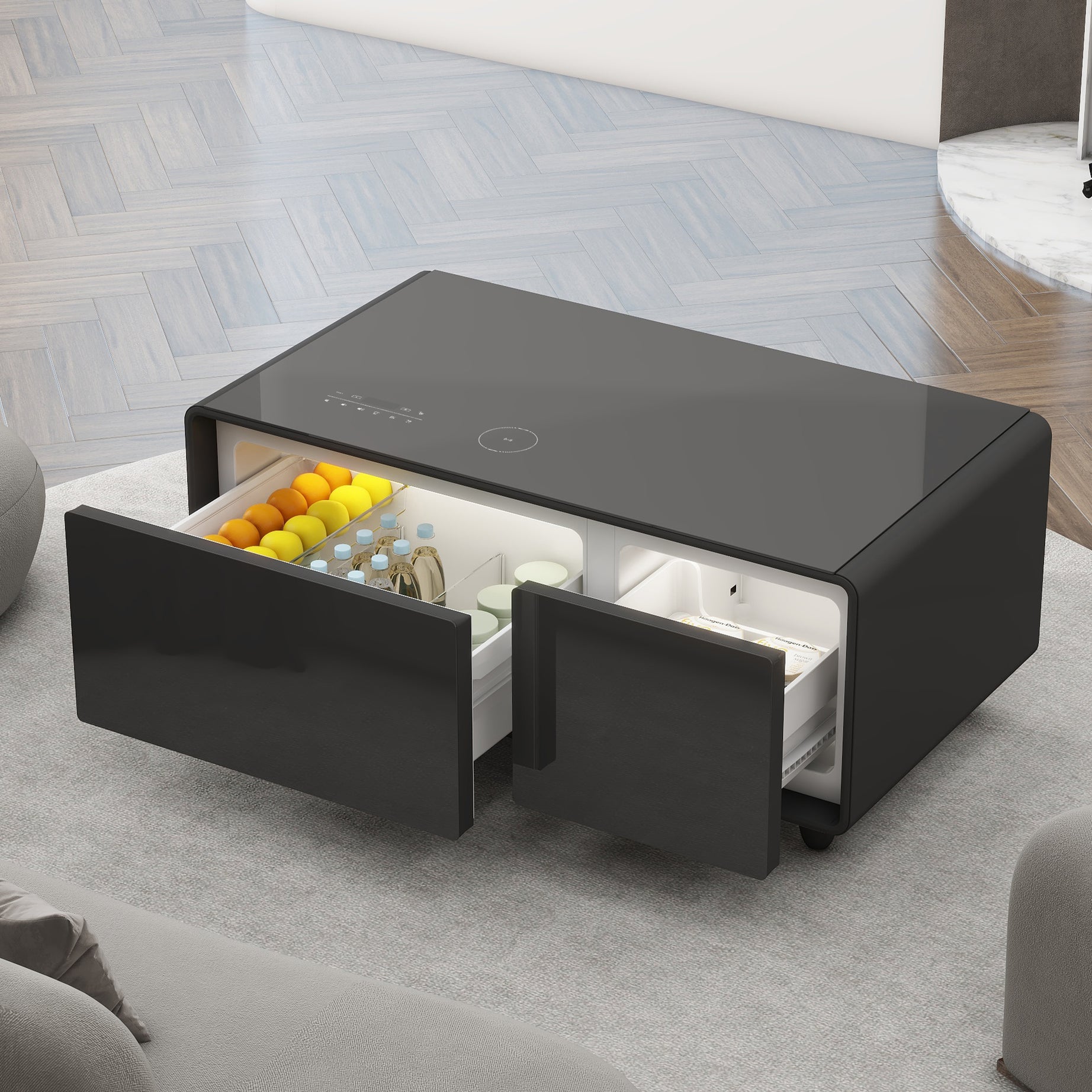 Modern Smart Coffee Table with Built-in Fridge, Bluetooth Speaker, Wireless Charging, Touch Control Panel, USB Interface, Outlet Protection, Atmosphere light, Black--1